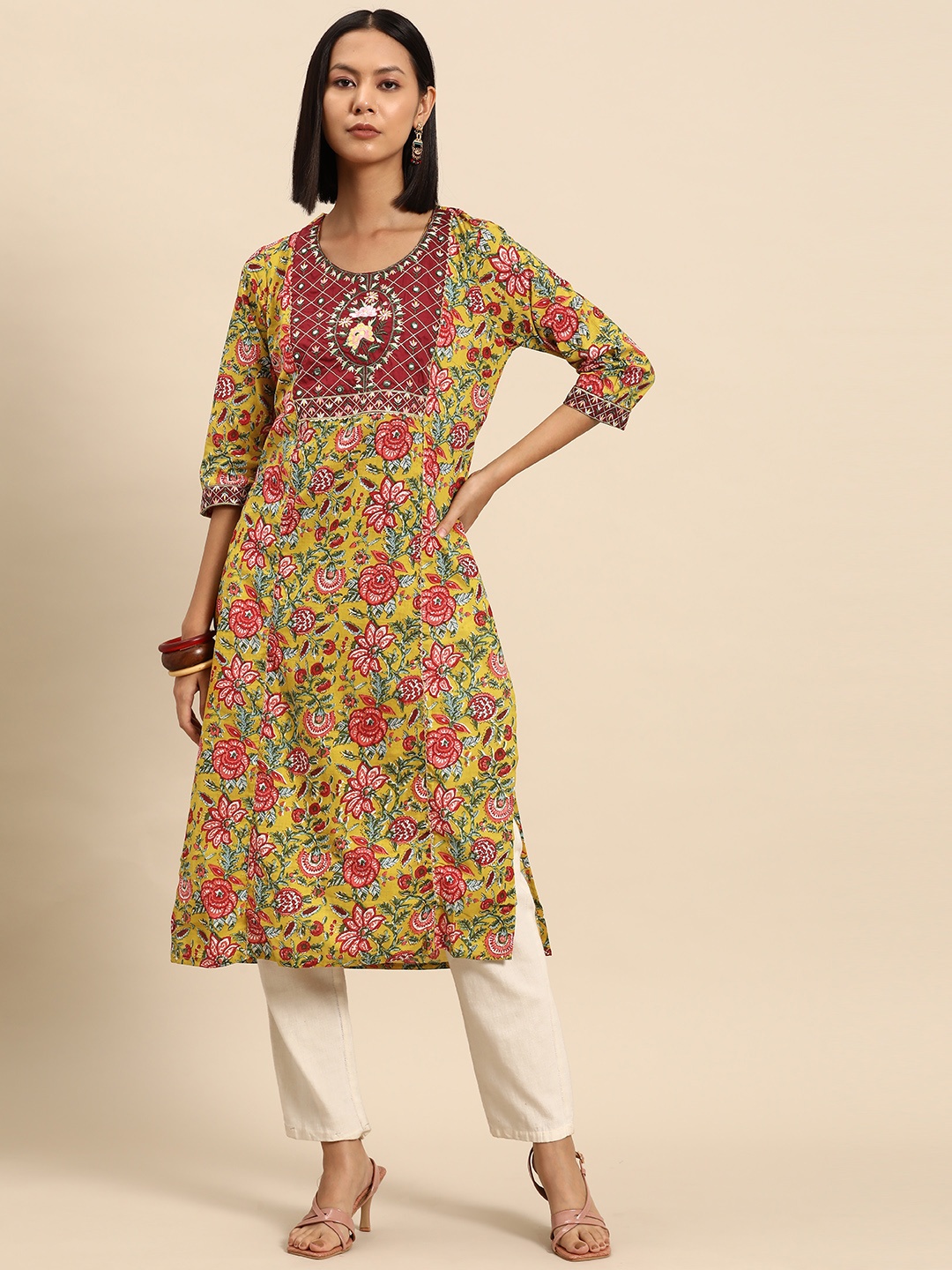 

all about you Floral Embroidered Indie Prints Cotton Kurta, Mustard