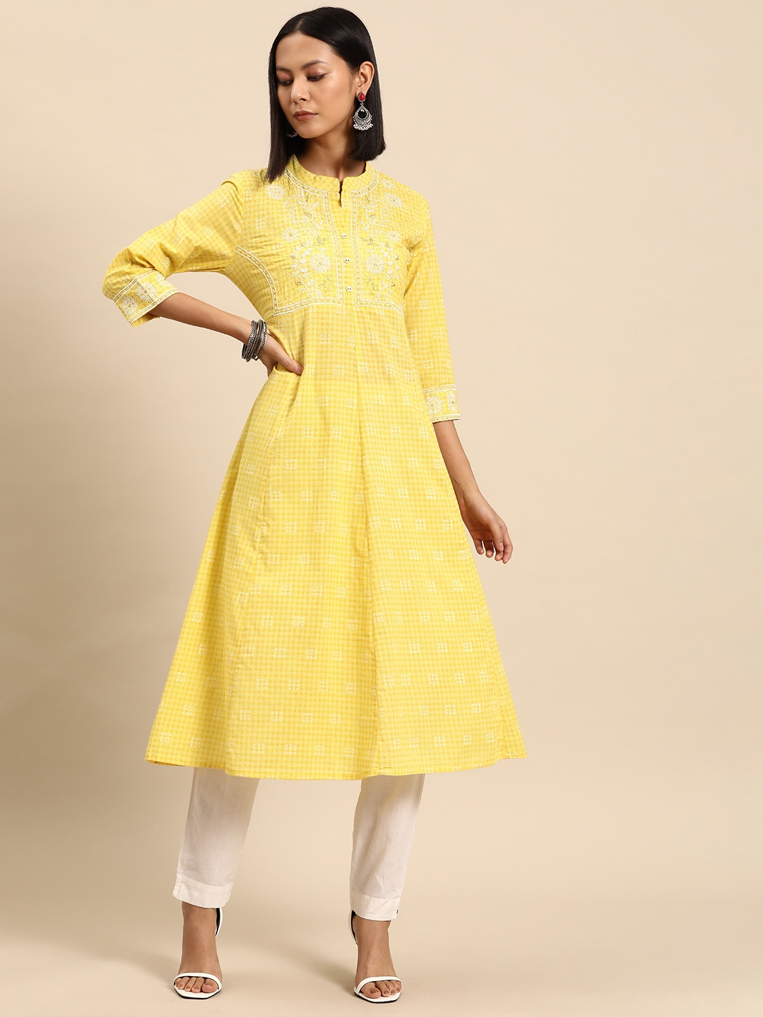 

all about you Checked Indie Prints Liva Kurta, Yellow