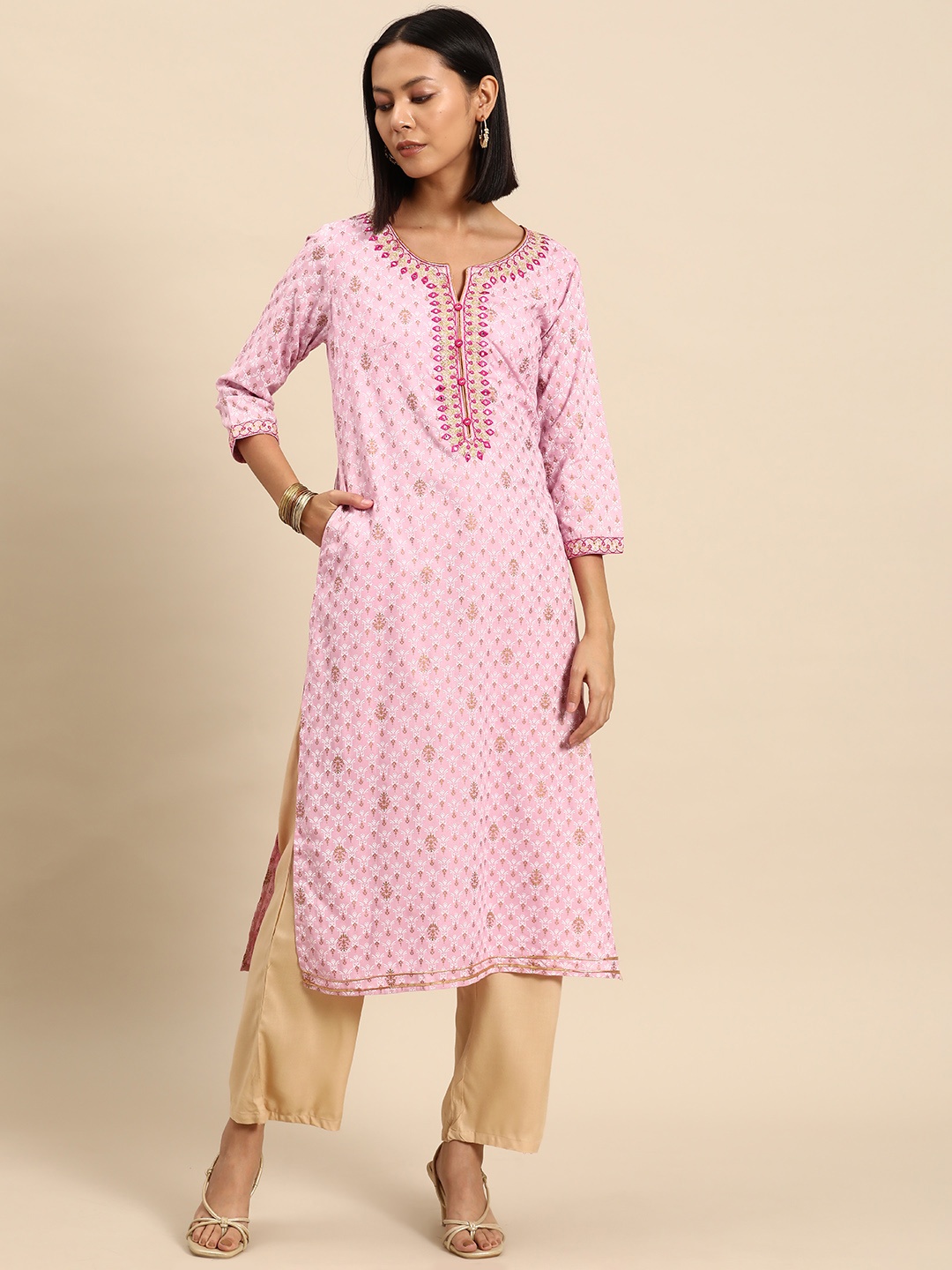 

all about you Embroidered & Ethnic Motifs Indie Prints Kurta, Pink