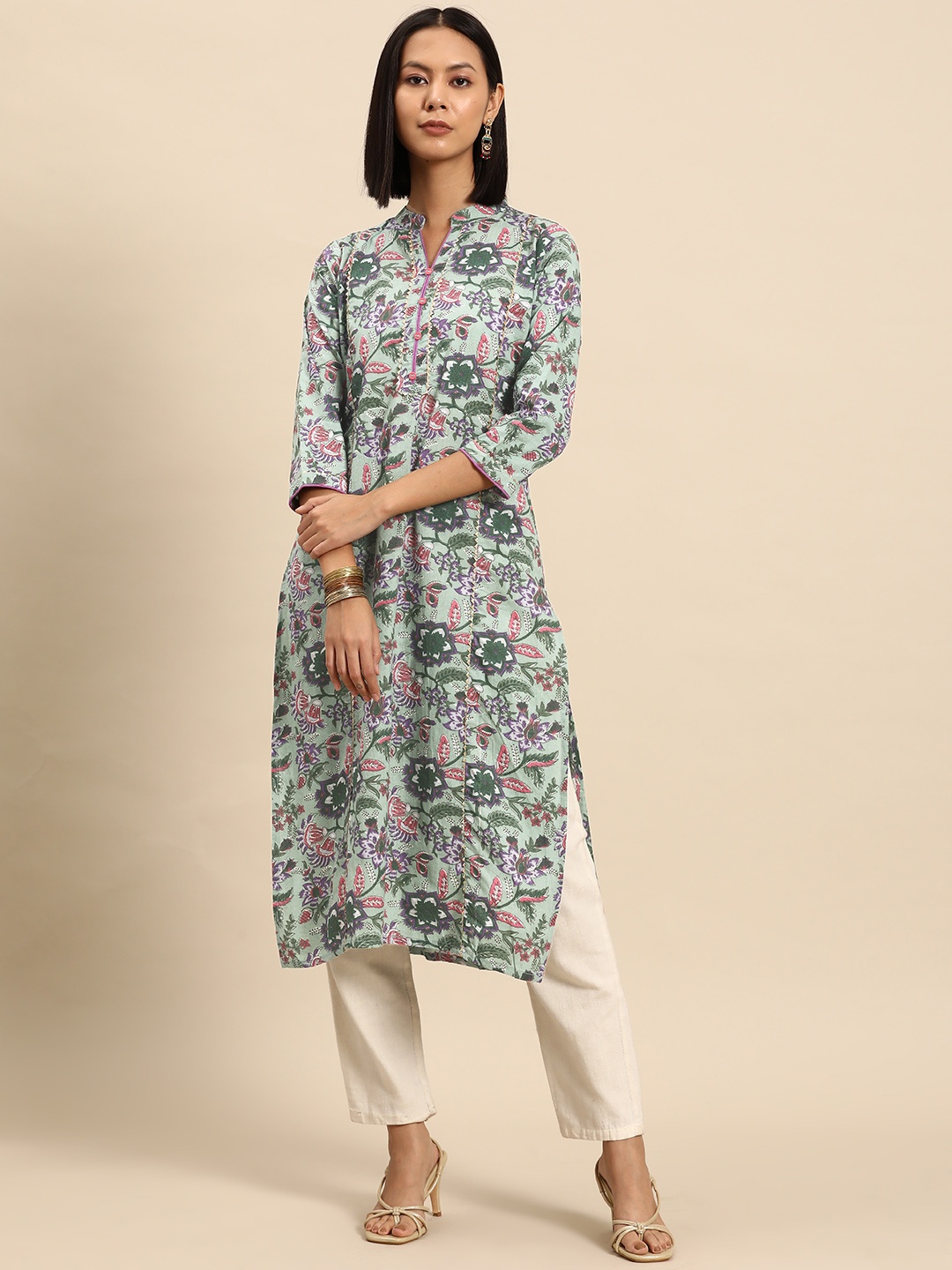 

all about you Ethnic Motifs Printed Indie Prints Cotton Kurta, Green
