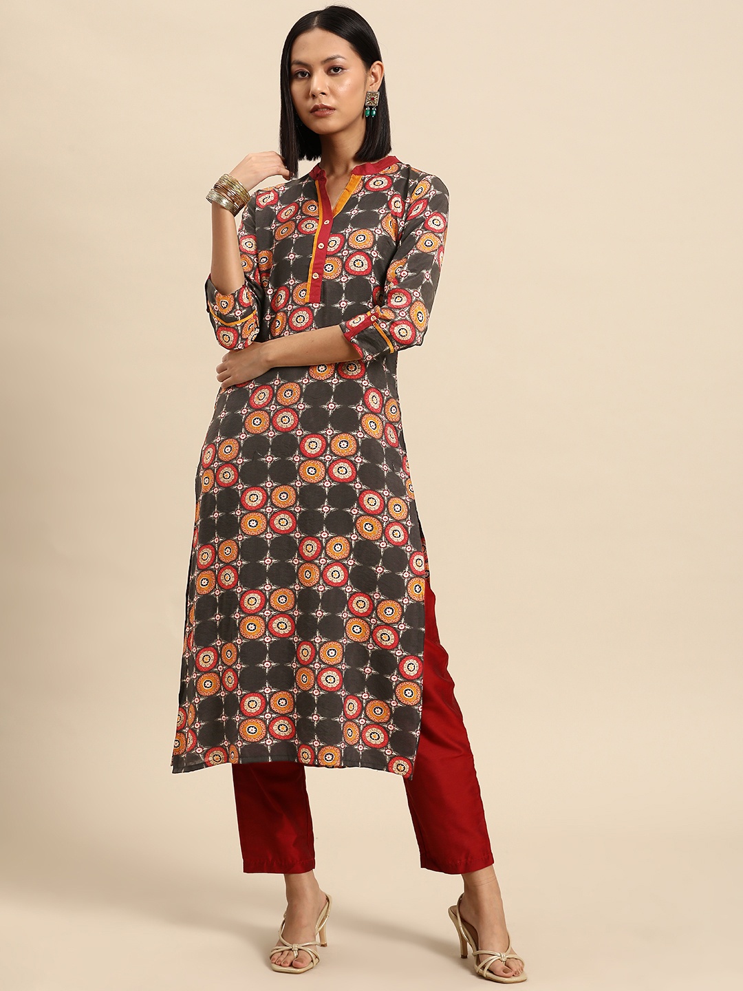 

all about you Ethnic Motifs Printed Mandarin Collar Pure Cotton Kurta, Green