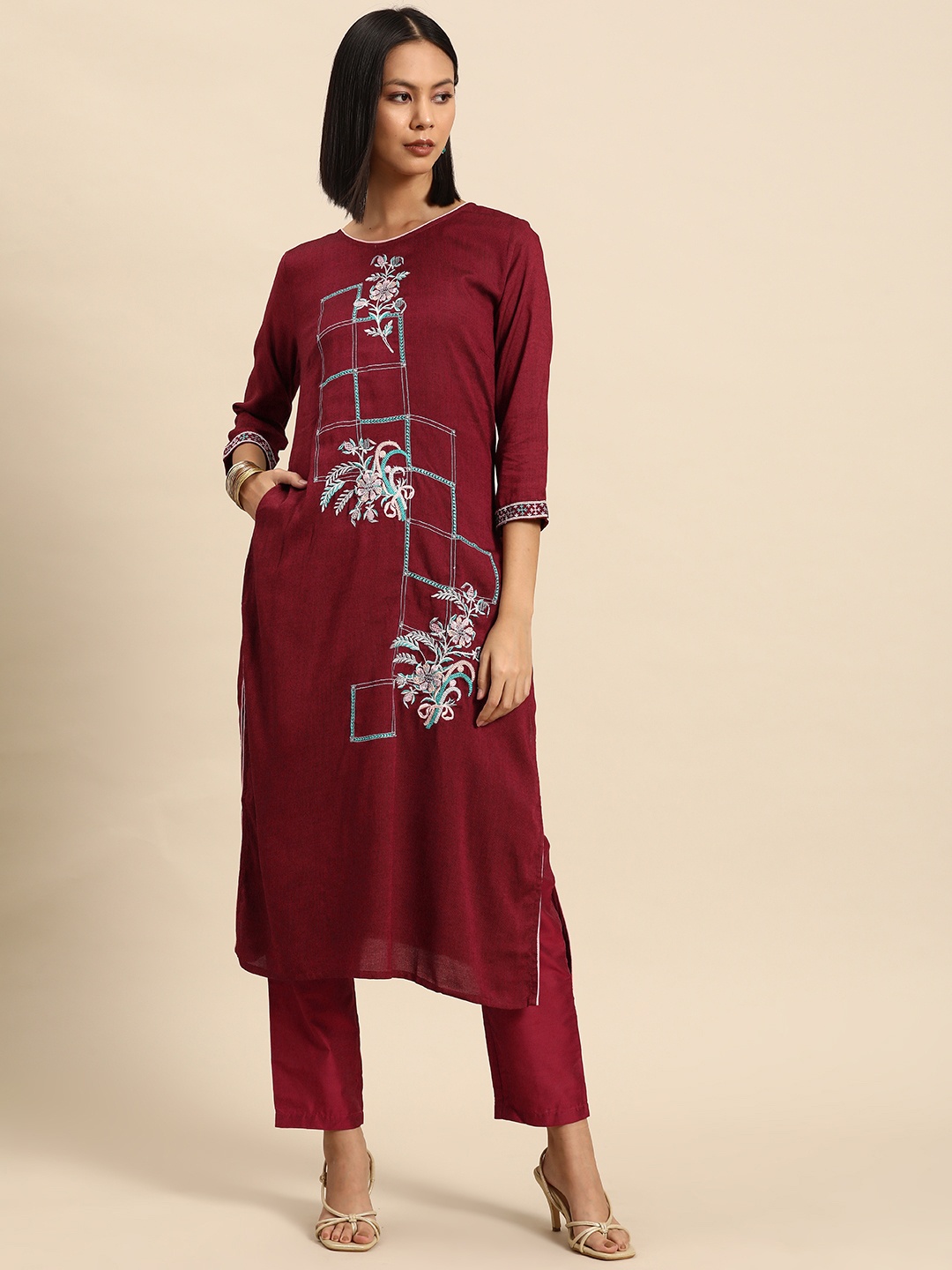 

all about you Floral Embroidered Indie Prints Kurta, Maroon