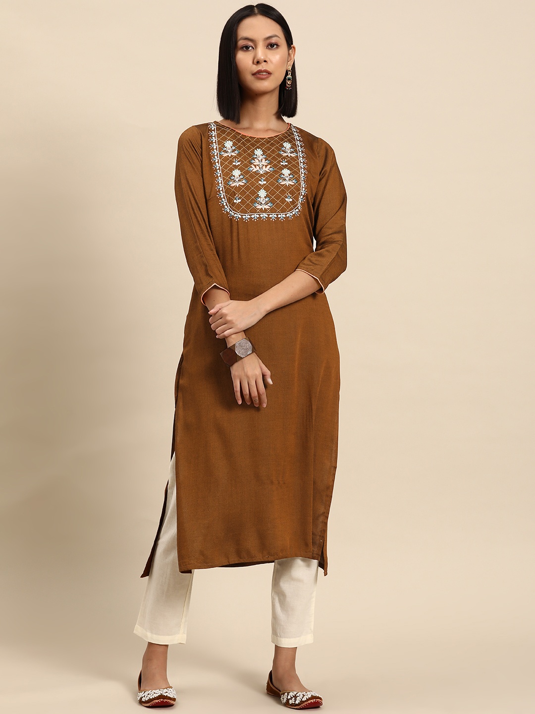 

all about you Round Neck Embroidered Thread Work Kurta, Brown