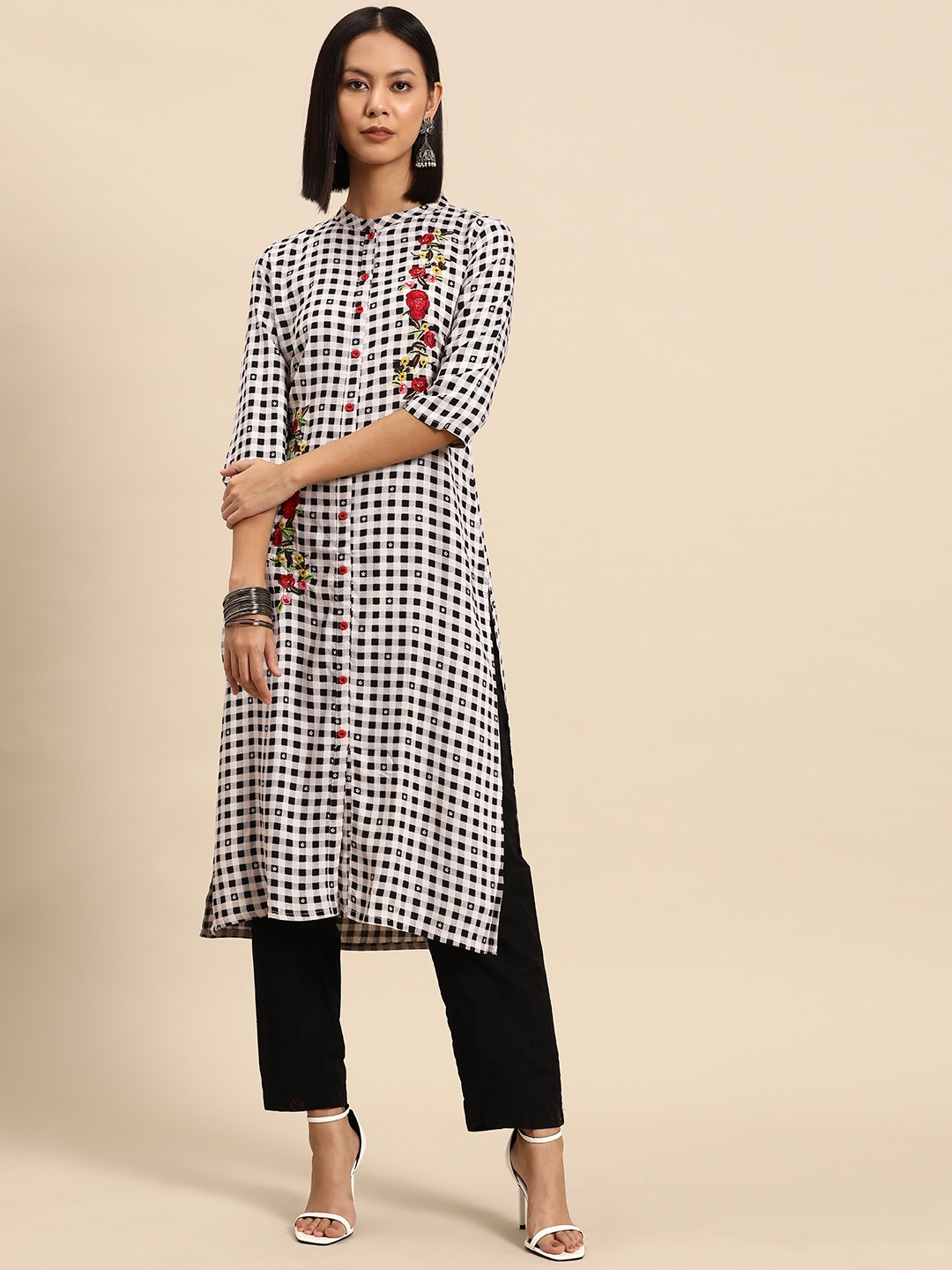

all about you Embroidered Thread Work & Checked Indie Prints Liva Kurta, White