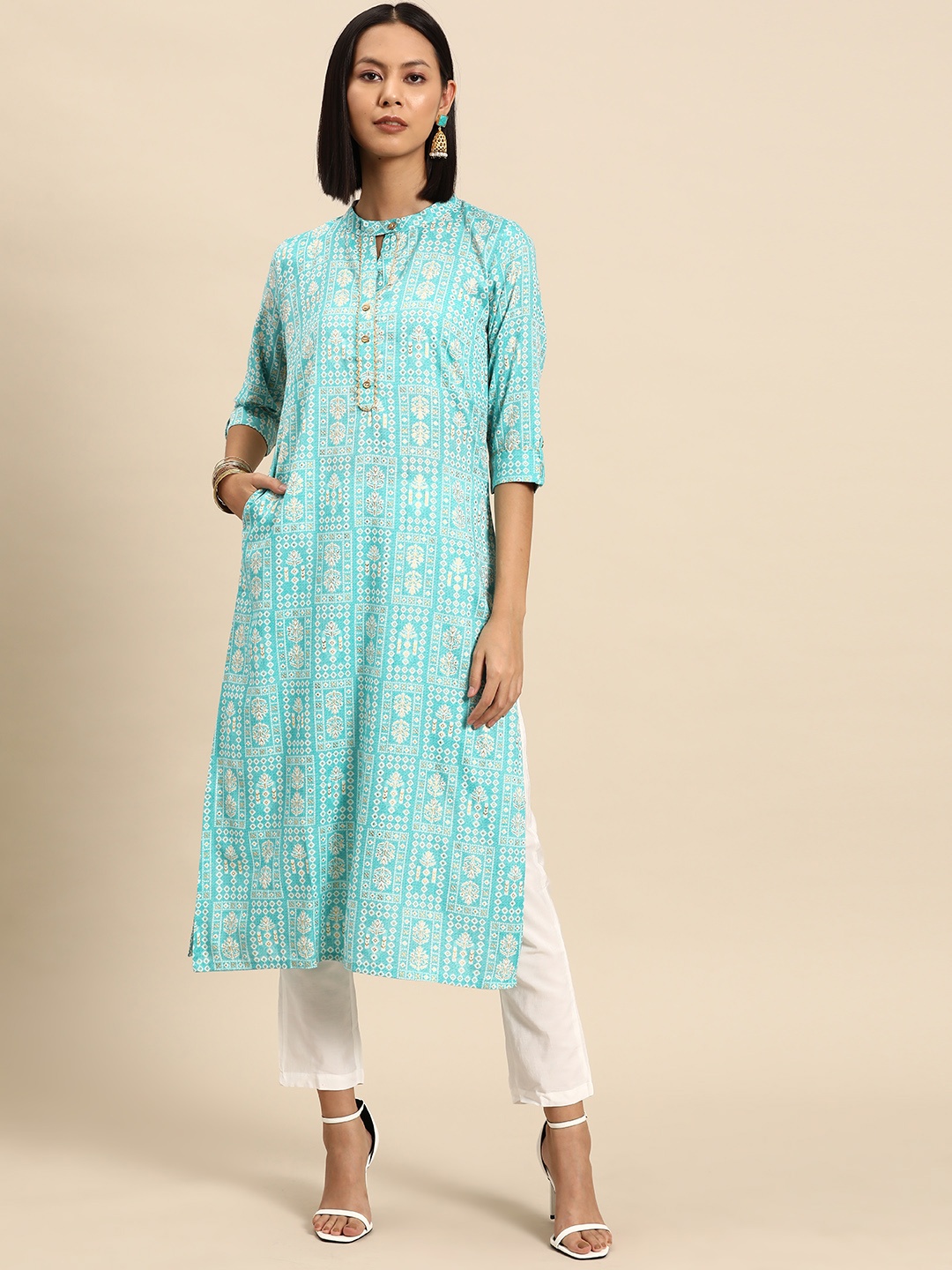 

all about you Ethnic Motifs Printed Indie Prints Liva Kurta, Turquoise blue