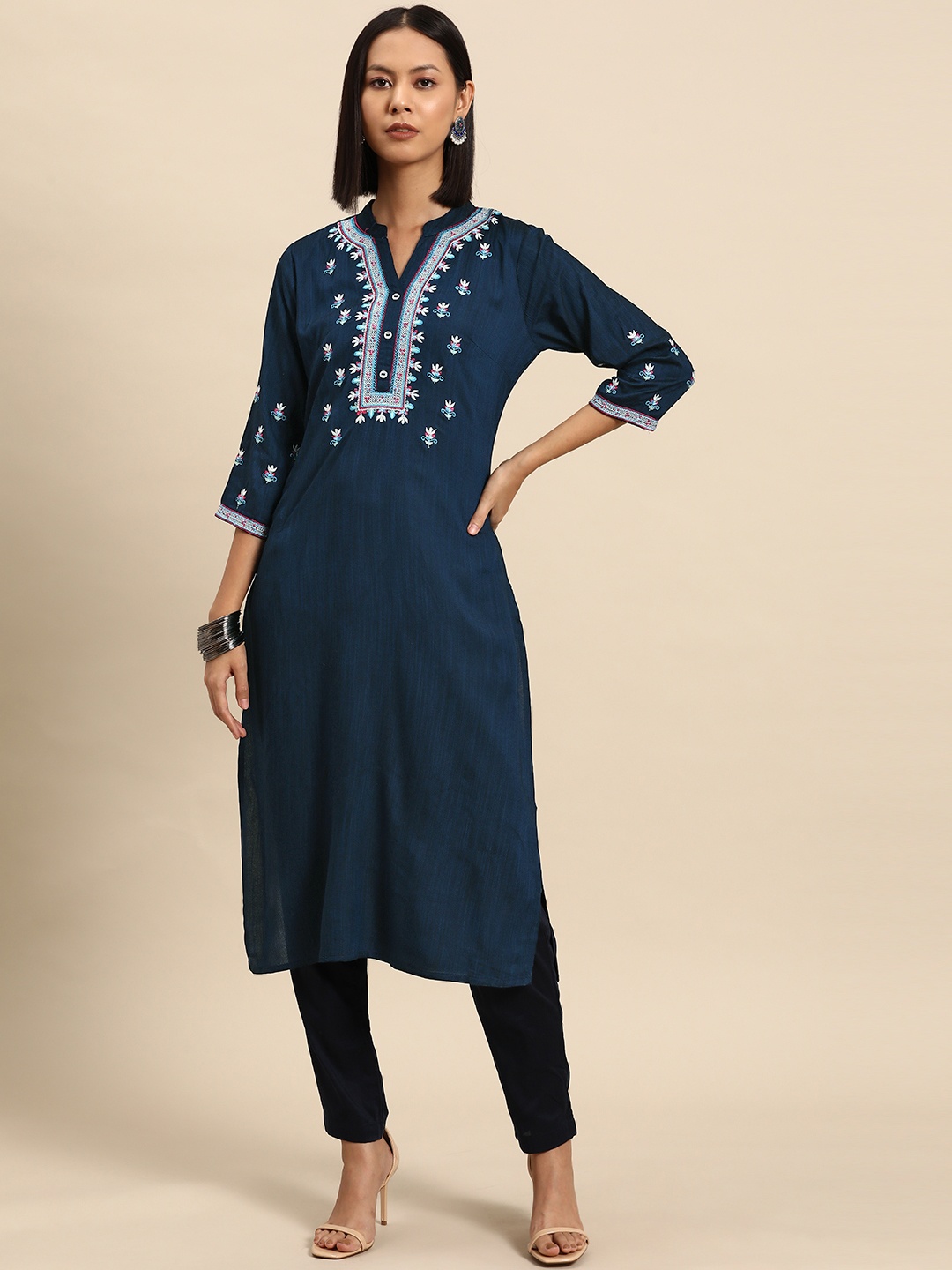 

all about you Embroidered Indie Prints Liva Kurta, Navy blue