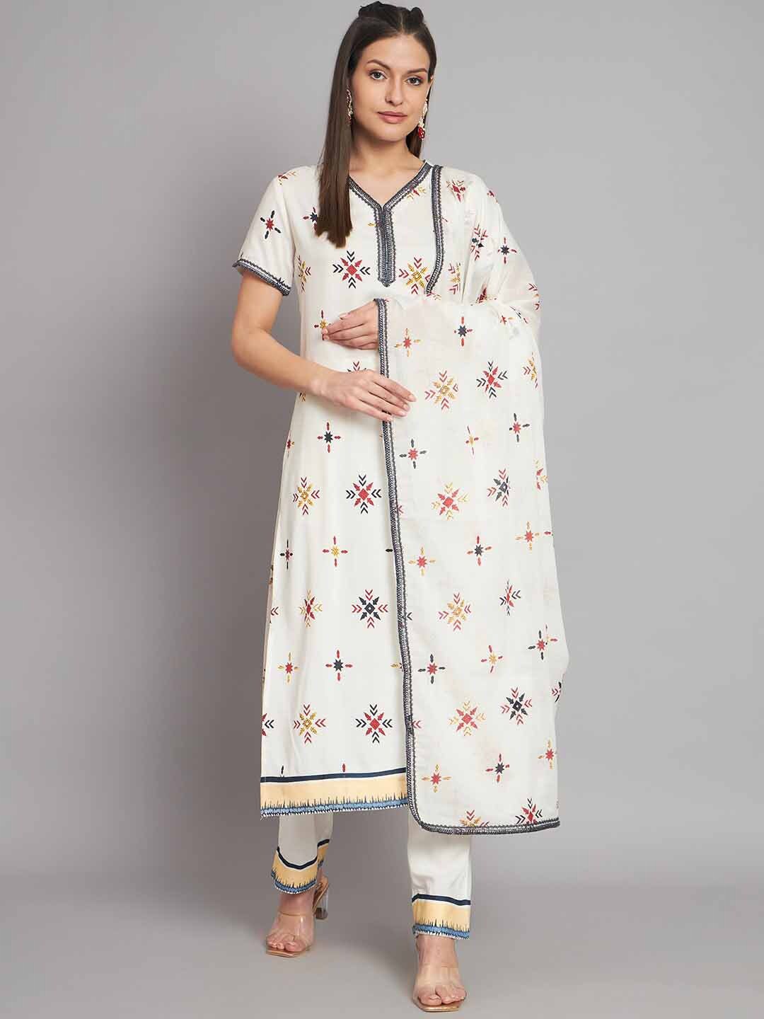 

Nehamta Embroidered V-Neck Kurta & Trousers With Dupatta, White