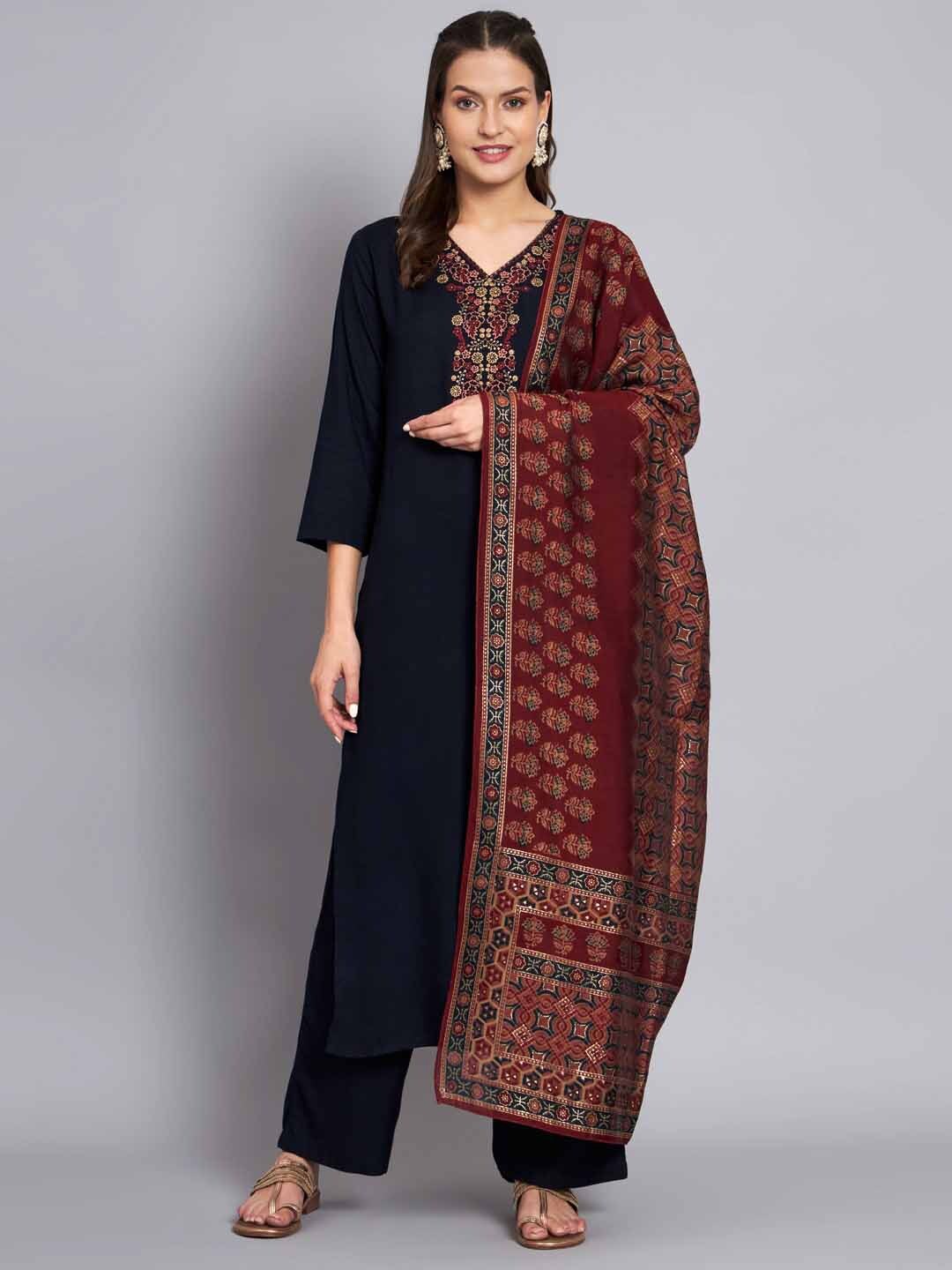 

Nehamta Floral Embroidered V-Neck Kurta & Trousers With Dupatta, Navy blue