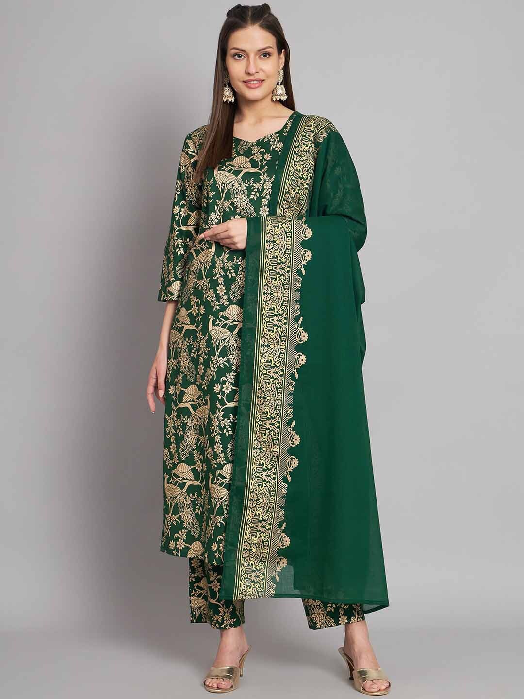 

Nehamta Floral Printed U-Neck Regular Kurta With Trousers & Dupatta, Green