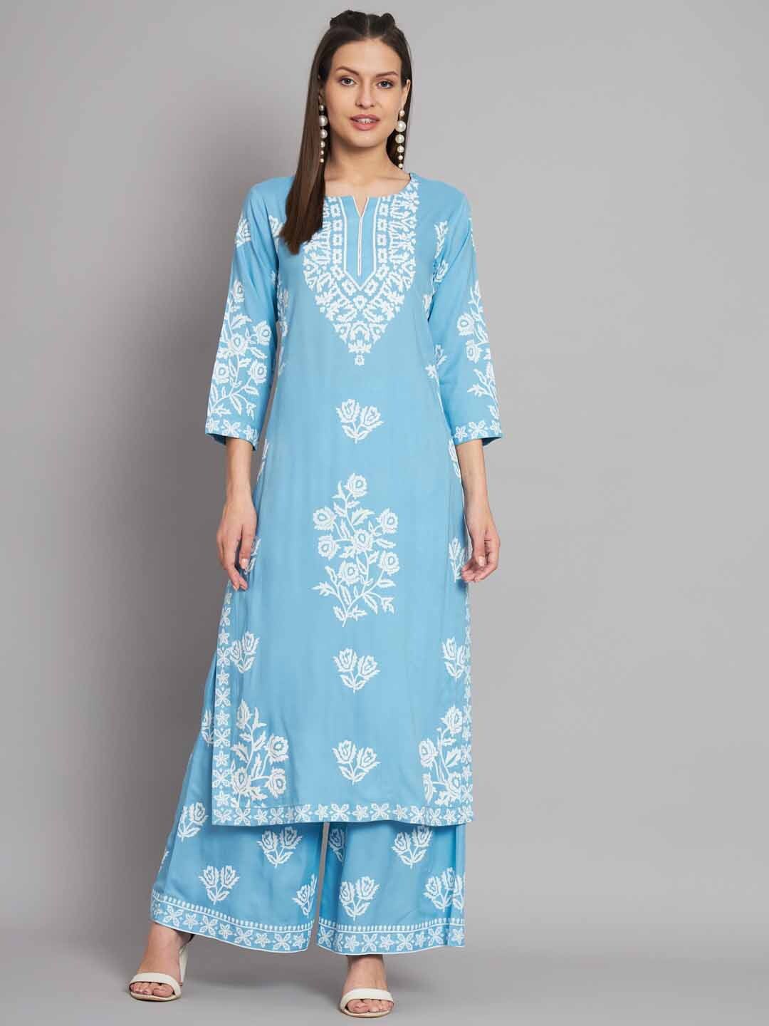 

Nehamta Floral Printed Straight Kurta with Palazzos, Blue