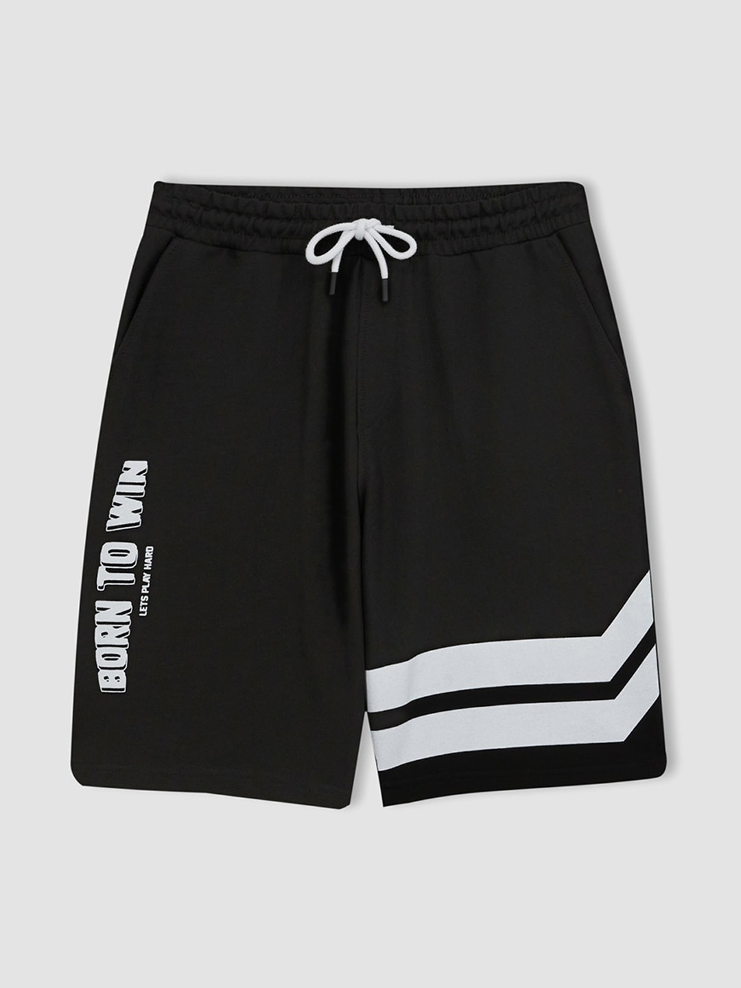 

DeFacto Men Mid Rise Typography Printed Knitted Pure Cotton Regular Shorts, Black
