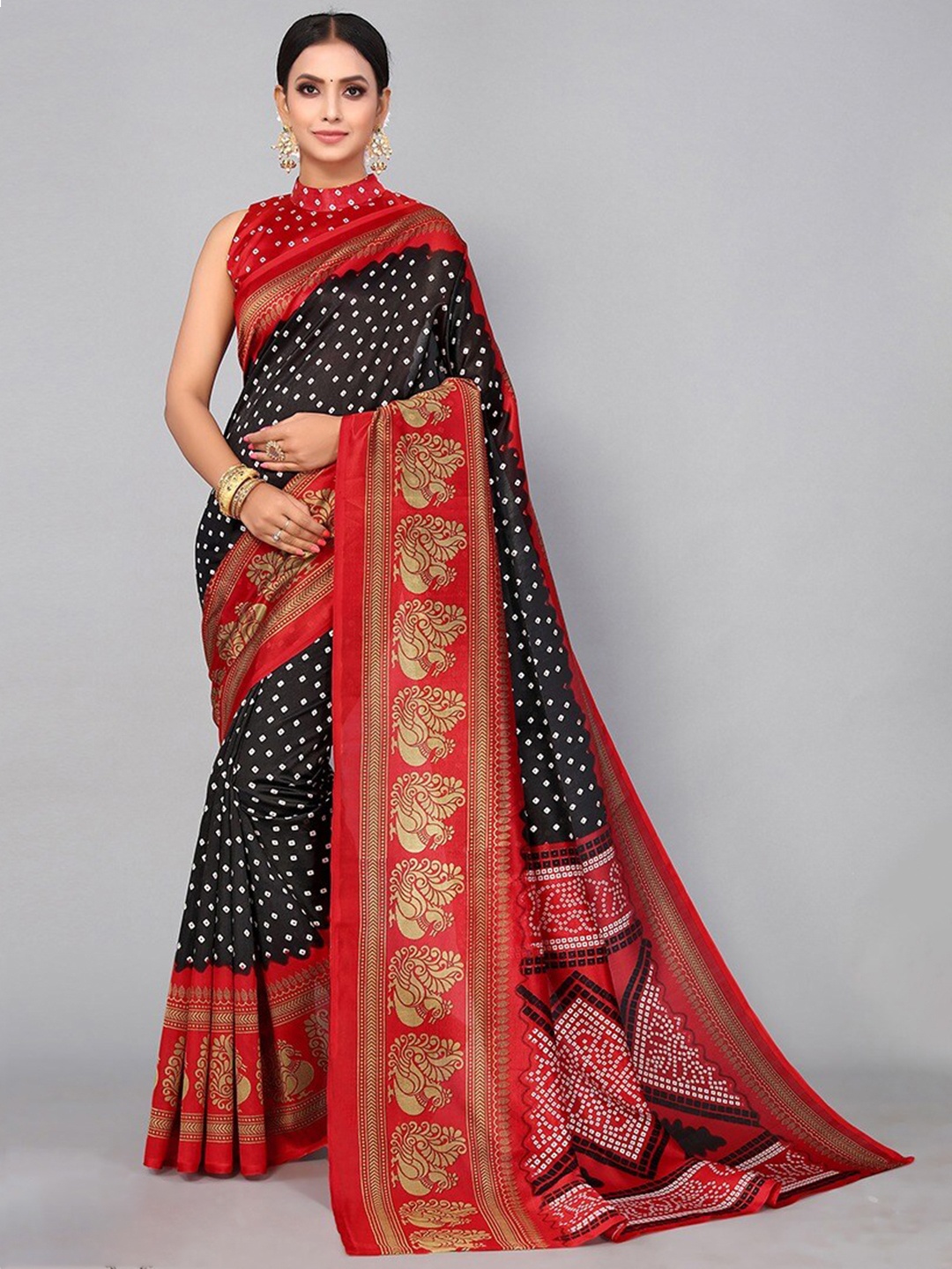 

KALINI Bandhani Printed Mysore Silk Saree, Black