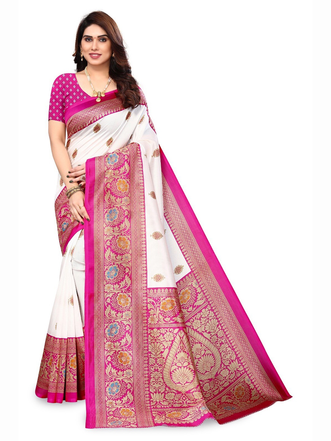 

KALINI Ethnic Motifs Printed Mysore Silk Saree, White