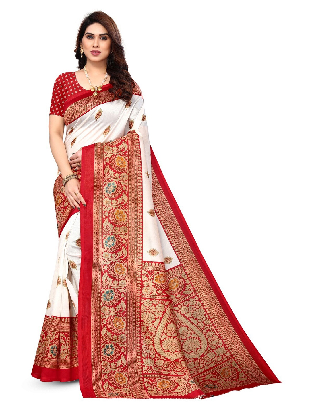 

KALINI Ethnic Motifs Printed Art Silk Mysore Silk Saree, White