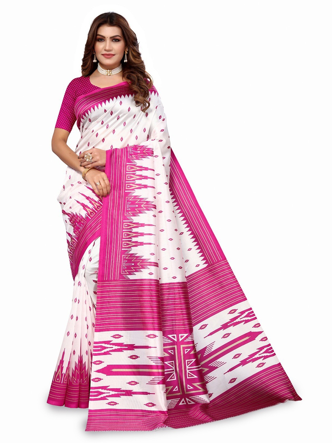 

KALINI White & Pink Ethnic Motifs Mysore Silk Saree