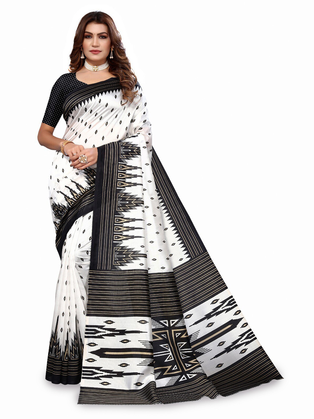 

KALINI Ethnic Motifs Printed Mysore Silk Saree, White
