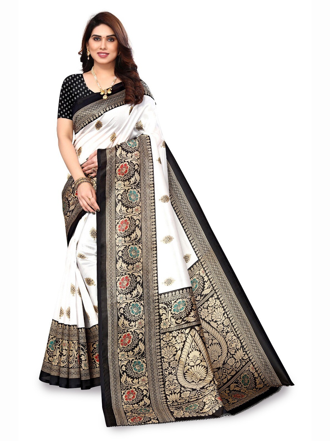 

KALINI Ethnic Motifs Printed Mysore Silk Saree, White