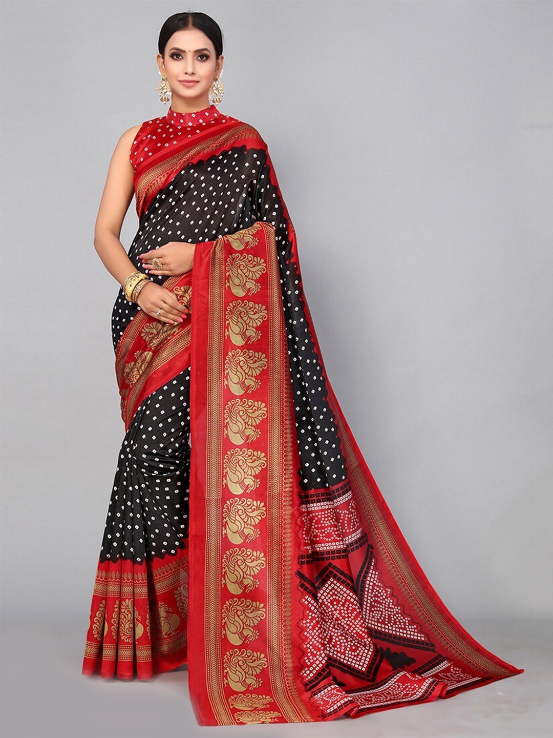 

KALINI Bandhani Printed Art Silk Mysore Silk Saree, Black