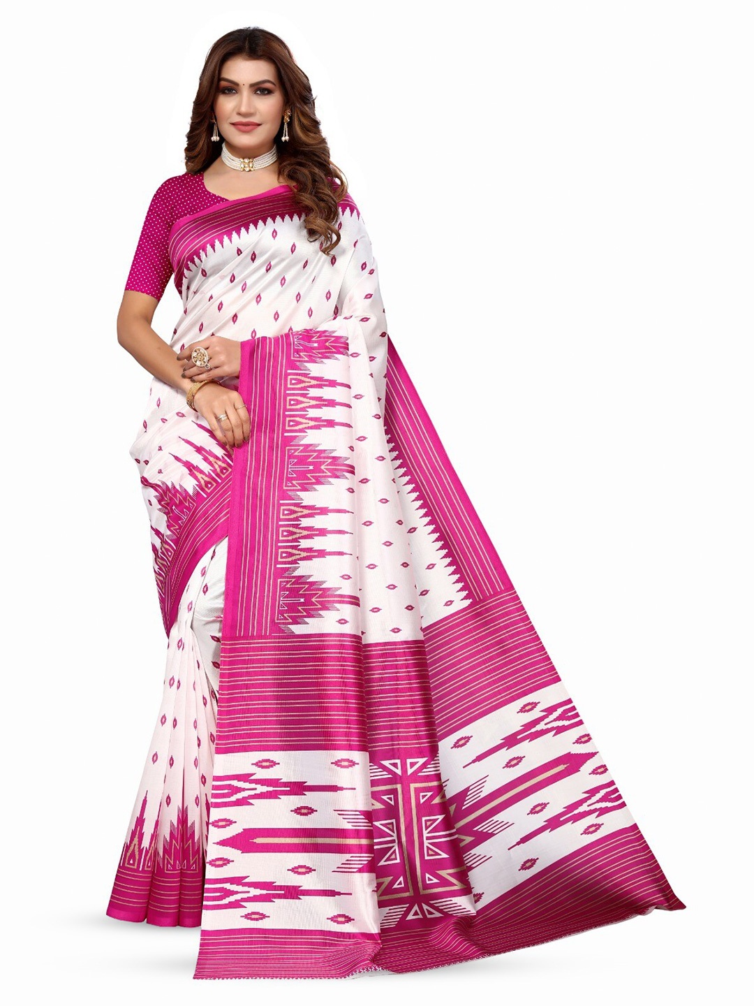 

KALINI Geometric Printed Art Silk Mysore Silk Saree, White