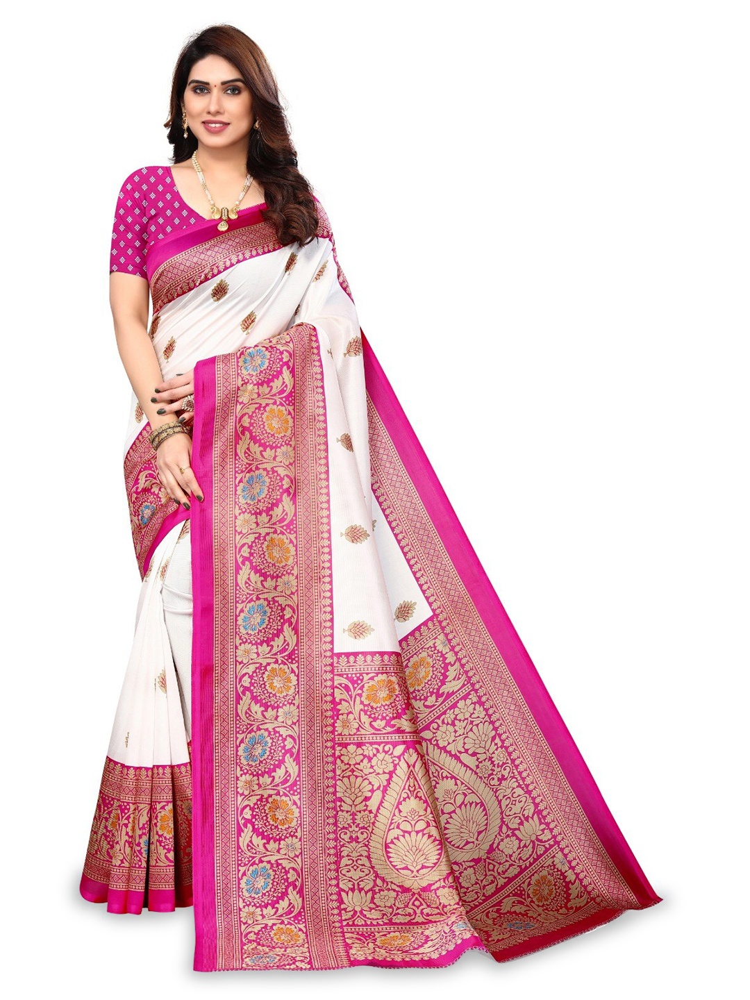 

KALINI Ethnic Motifs Printed Art Silk Mysore Silk Saree, White