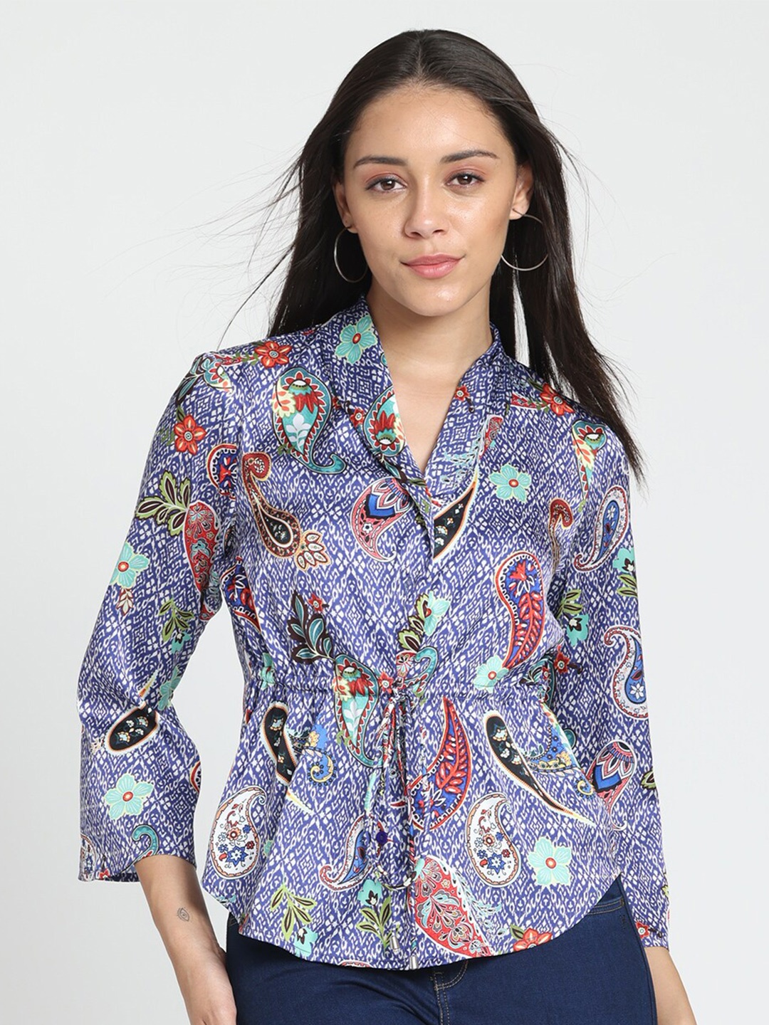 

SHAYE Ethnic Motifs Printed Cinched Waist Top, Blue