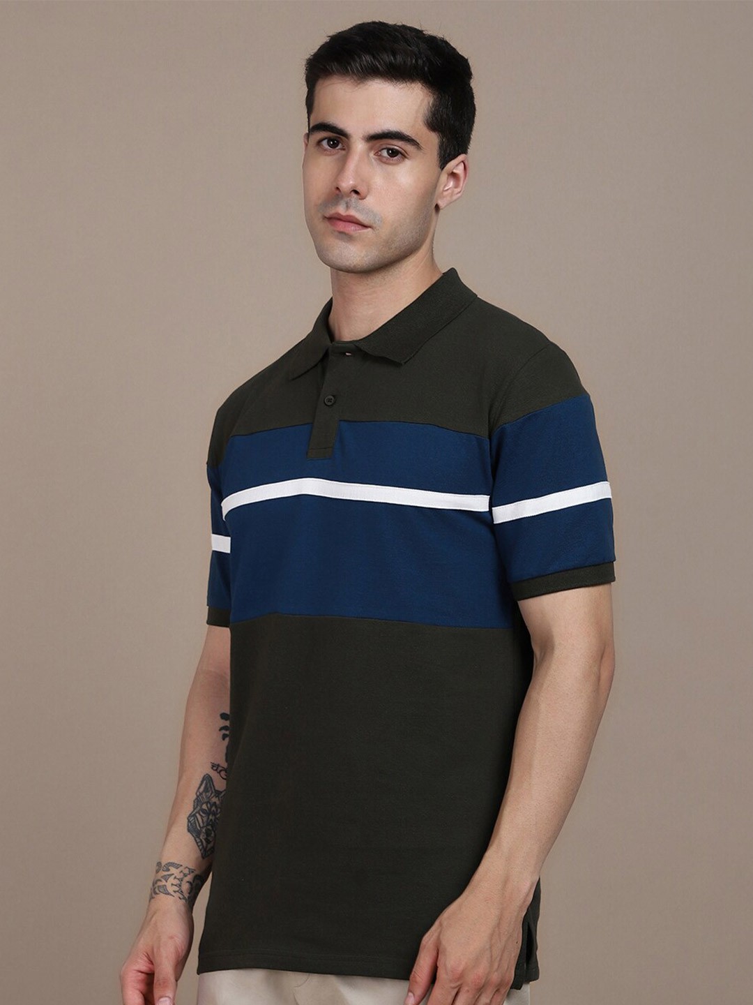 

Dennis Lingo Striped Polo Collar Pure Cotton T-shirt, Olive