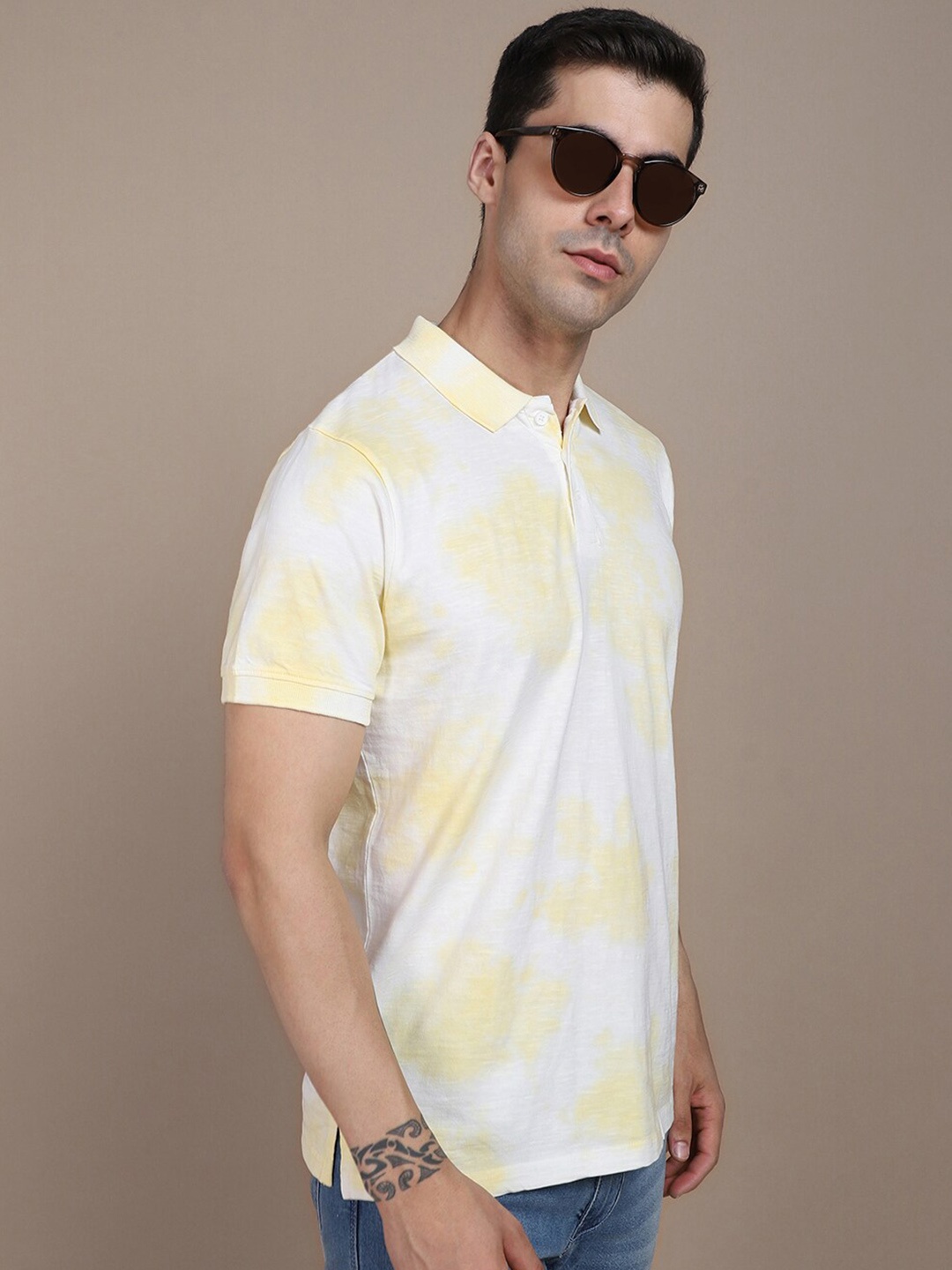 

Dennis Lingo Tie and Dye Polo Collar Pure Cotton T-shirt, Yellow