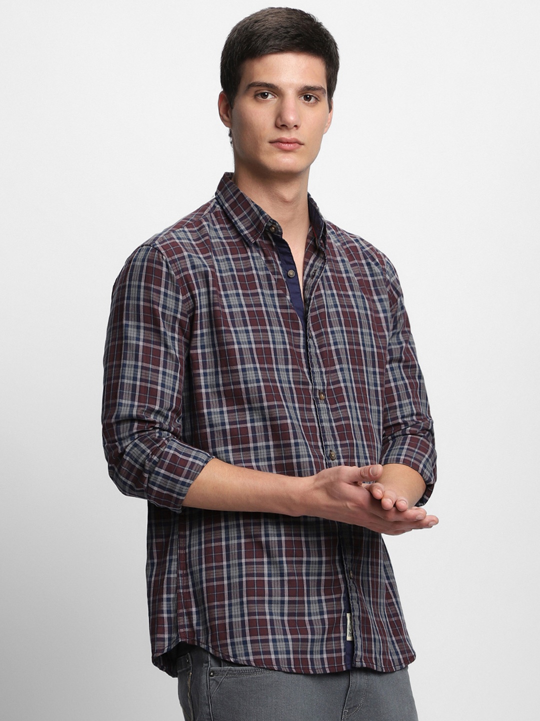 

Dennis Lingo Slim Fit Tartan Checked Pure Cotton Casual Shirt, Navy blue