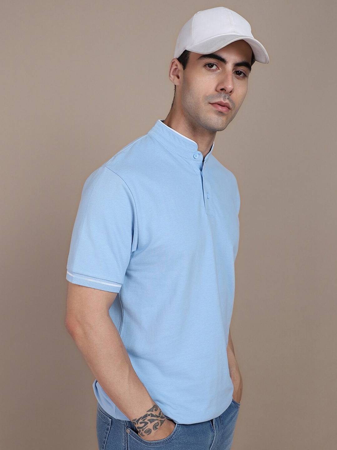 

Dennis Lingo Mandarin Collar Slim Fit Cotton T-shirt, Blue