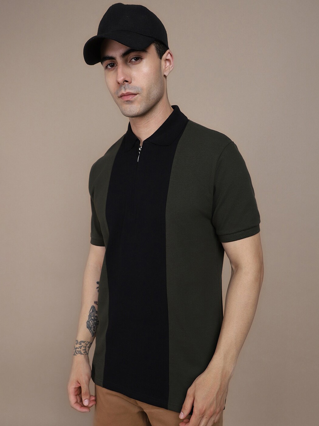 

Dennis Lingo Striped Polo Collar Cotton T-shirt, Olive