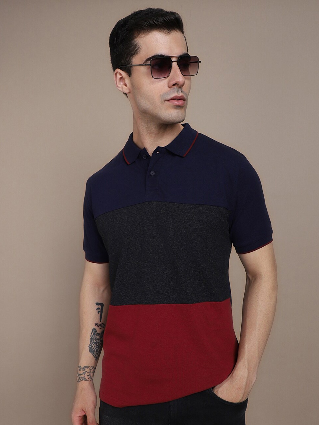 

Dennis Lingo Colourblocked Polo Collar Pure Cotton T-shirt, Navy blue