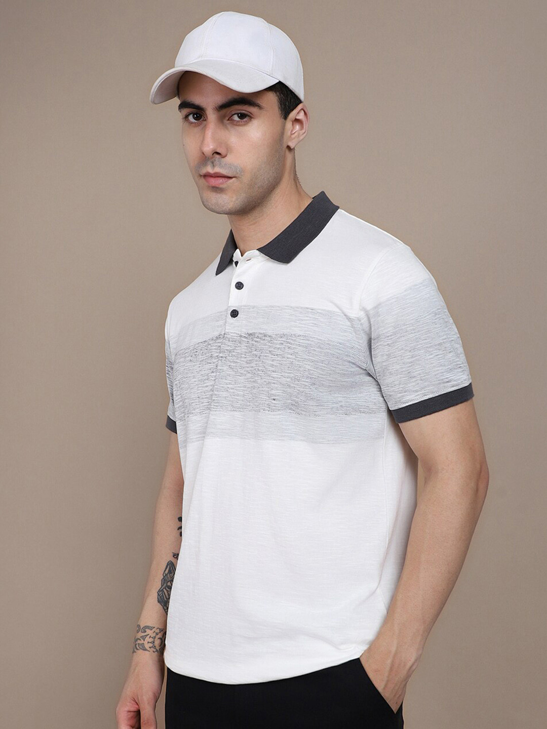 

Dennis Lingo Striped Polo Collar Pure Cotton T-shirt, Grey