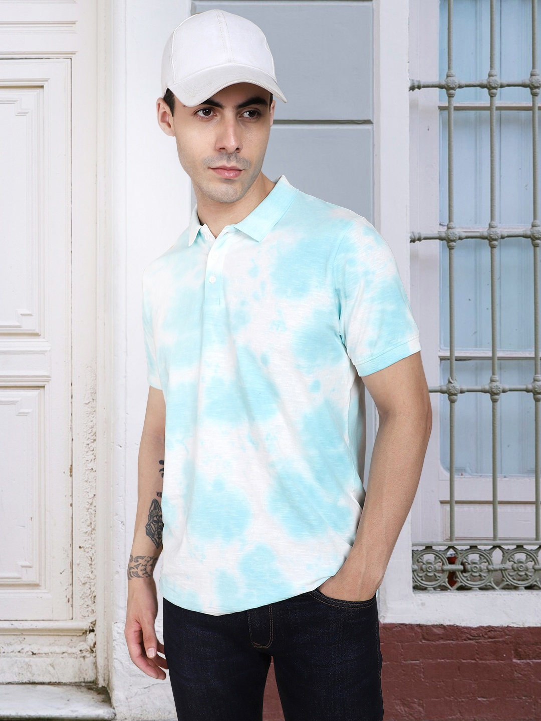 

Dennis Lingo Tie & Dyed Polo Collar Pure Cotton T-shirt, Blue