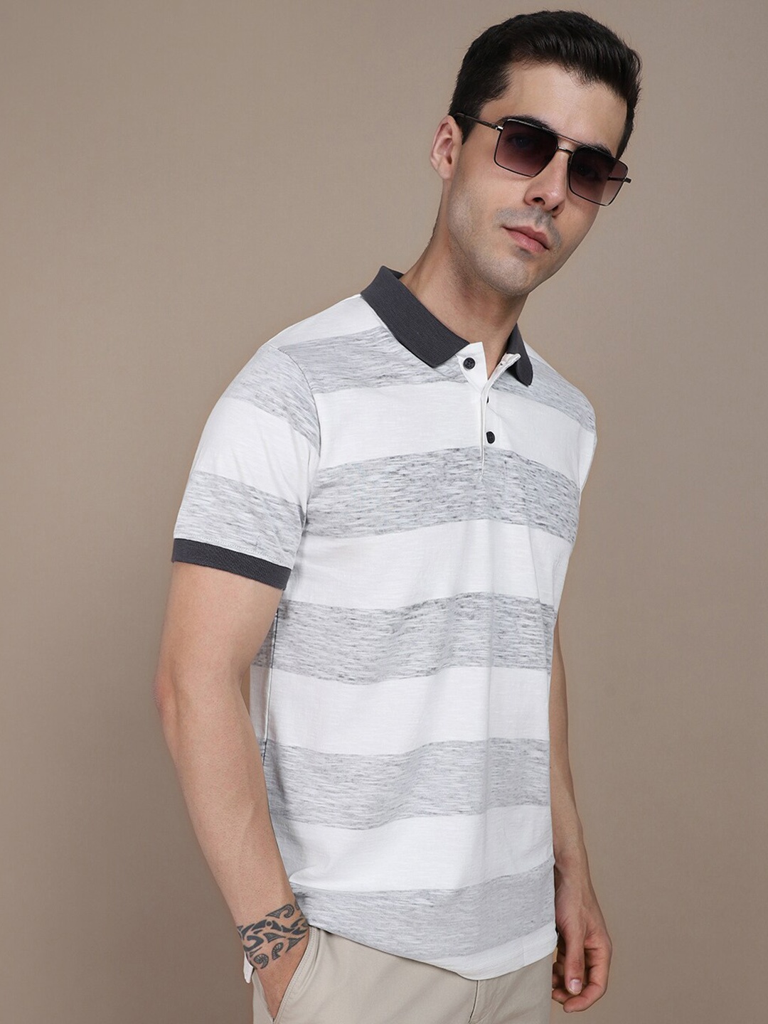 

Dennis Lingo Striped Polo Collar Pure Cotton T-shirt, Grey