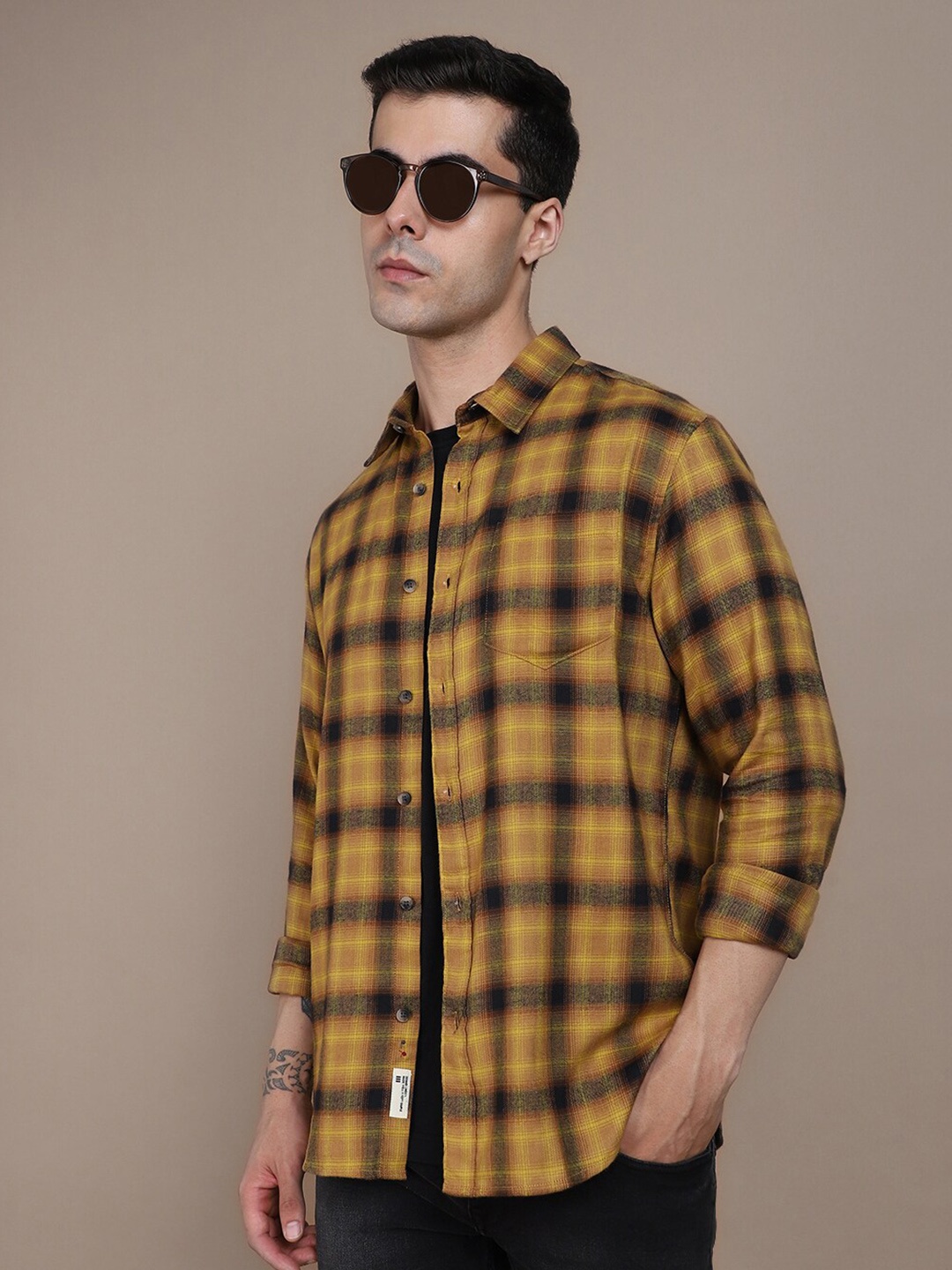 

Dennis Lingo Tartan Checked Cotton Slim Fit Opaque Casual Shirt, Mustard