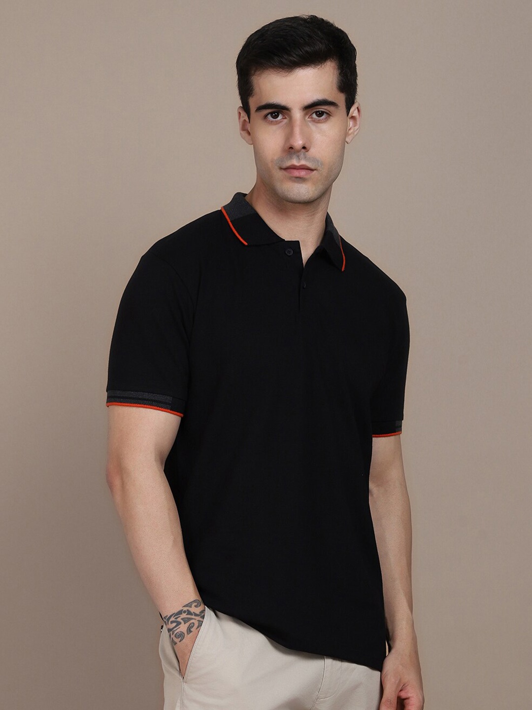 

Dennis Lingo Men Striped Polo Collar Pure Cotton T-shirt, Black