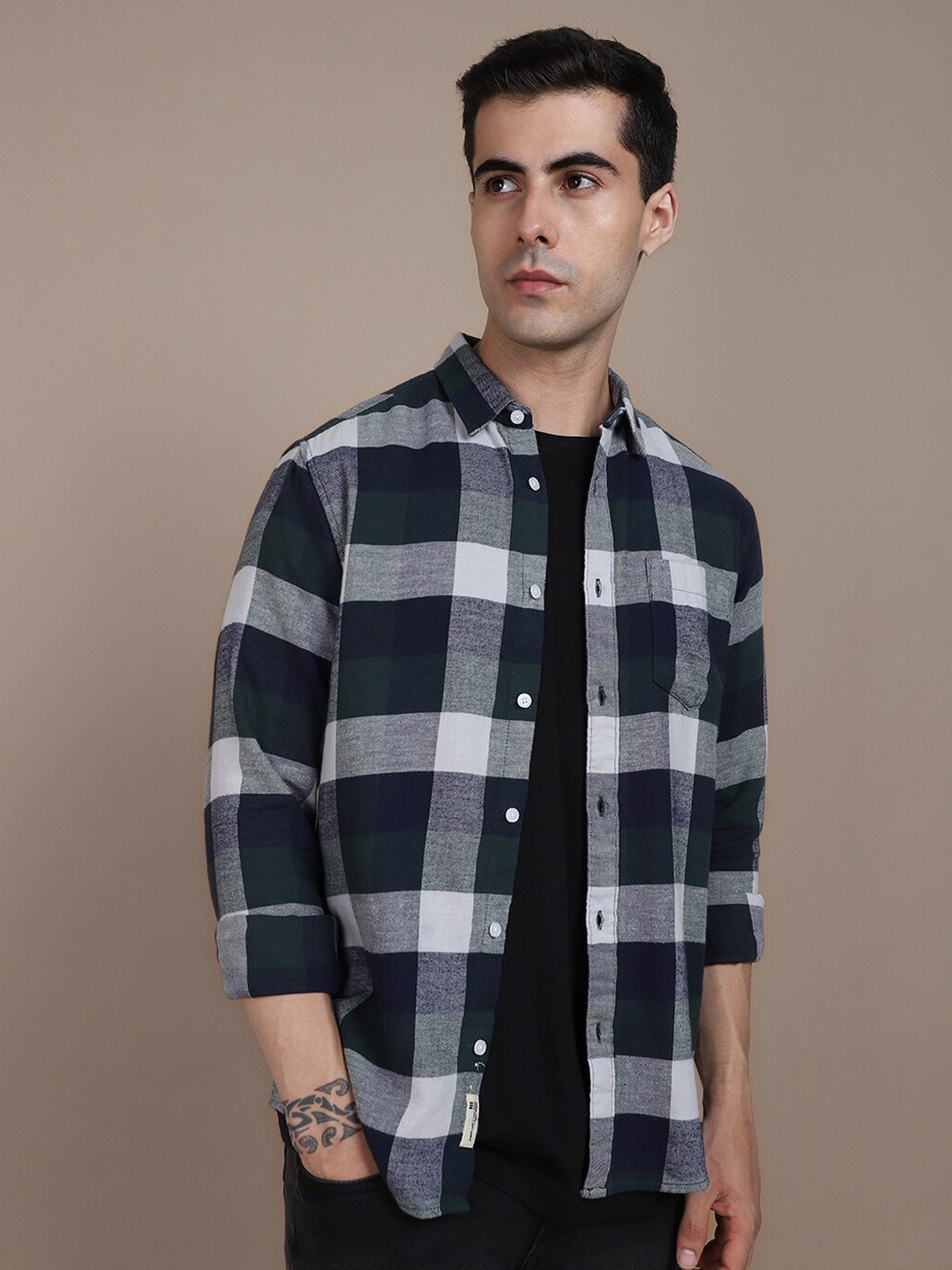 

Dennis Lingo Buffalo Checked Cotton Slim Fit Opaque Casual Shirt, Navy blue