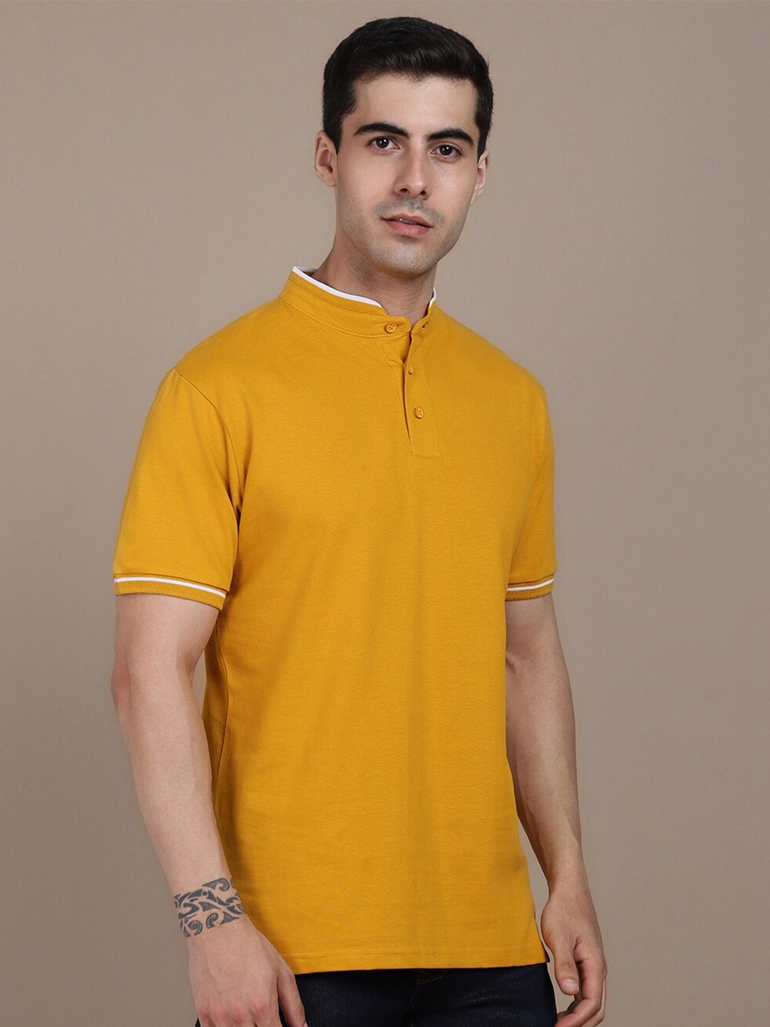 

Dennis Lingo Mandarin Collar Slim Fit Cotton T-shirt, Mustard