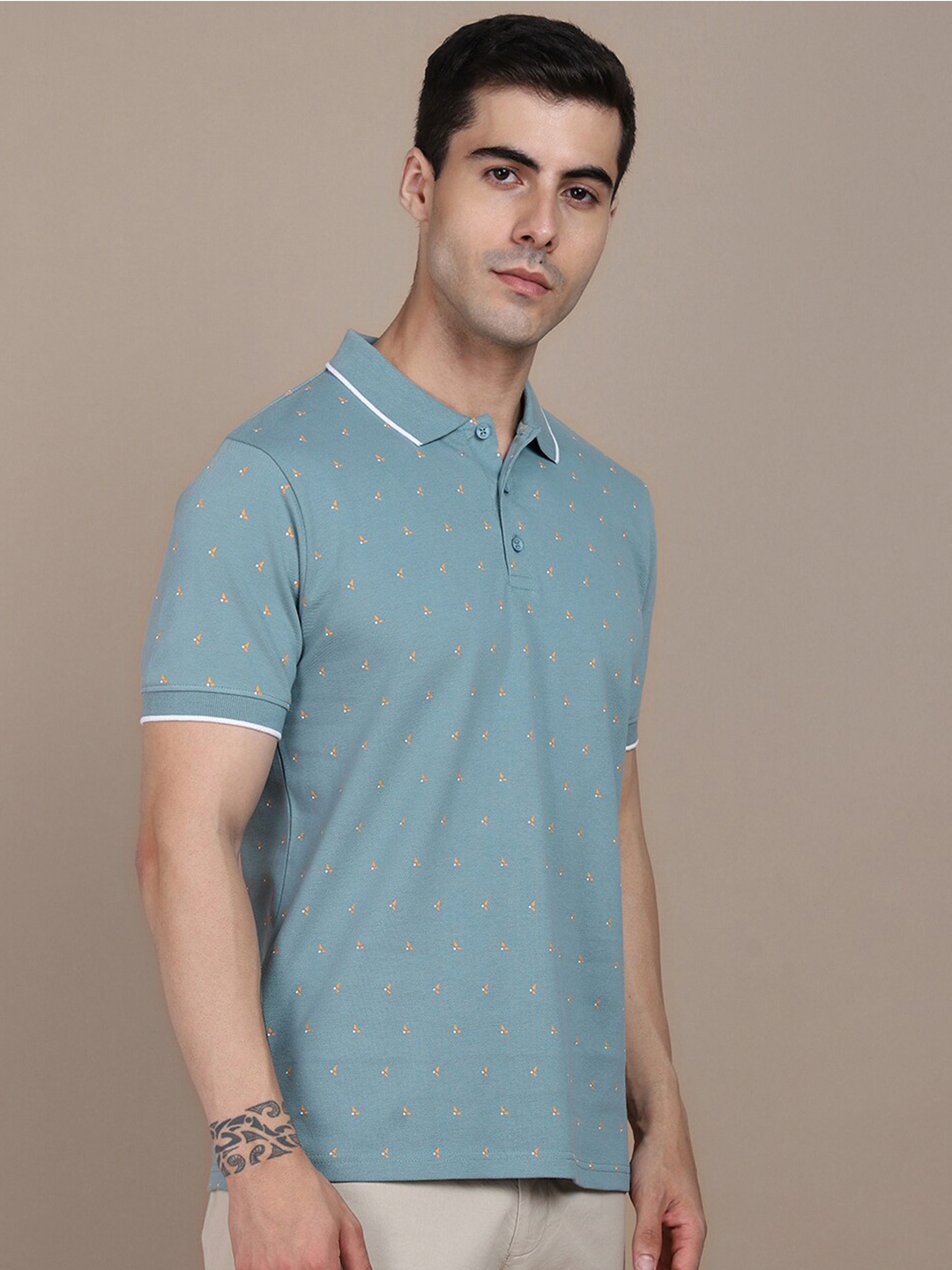 

Dennis Lingo Geometric Printed Polo Collar Cotton T-shirt, Sea green