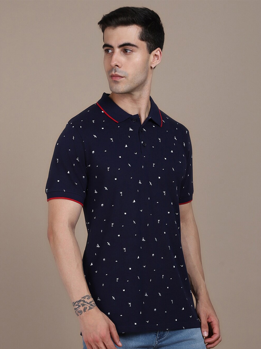 

Dennis Lingo Conversational Printed Polo Collar Cotton T-shirt, Navy blue