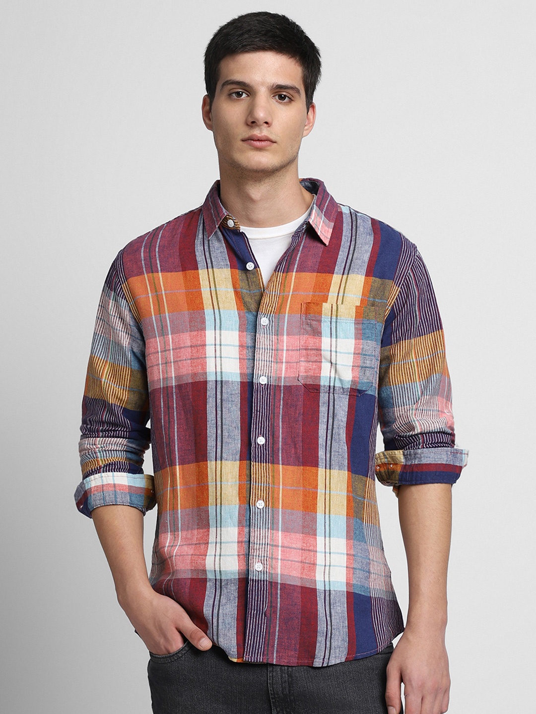 

Dennis Lingo Slim Fit Tartan Checked Pure Cotton Casual Shirt, Navy blue