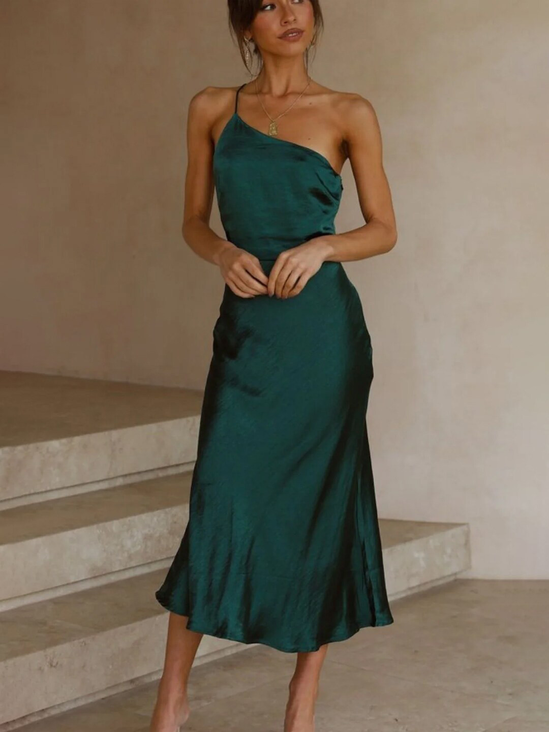 

Styched Satin One Shoulder A-Line Midi Dress, Green