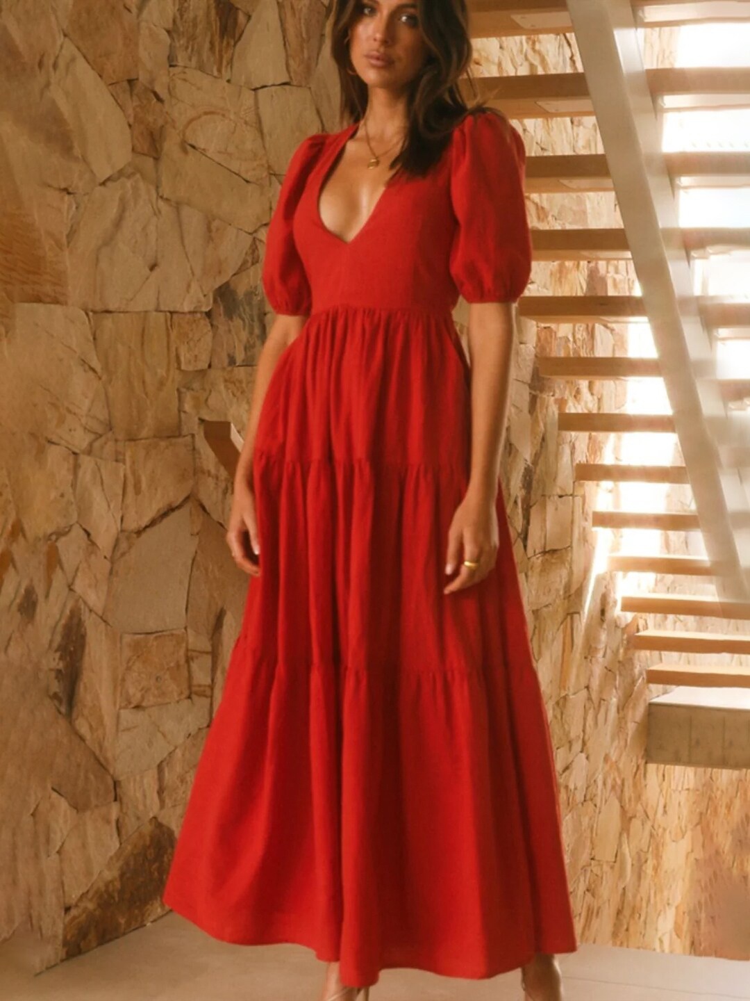 

Styched V-Neck Puff Sleeve A-Line Midi Dress, Red