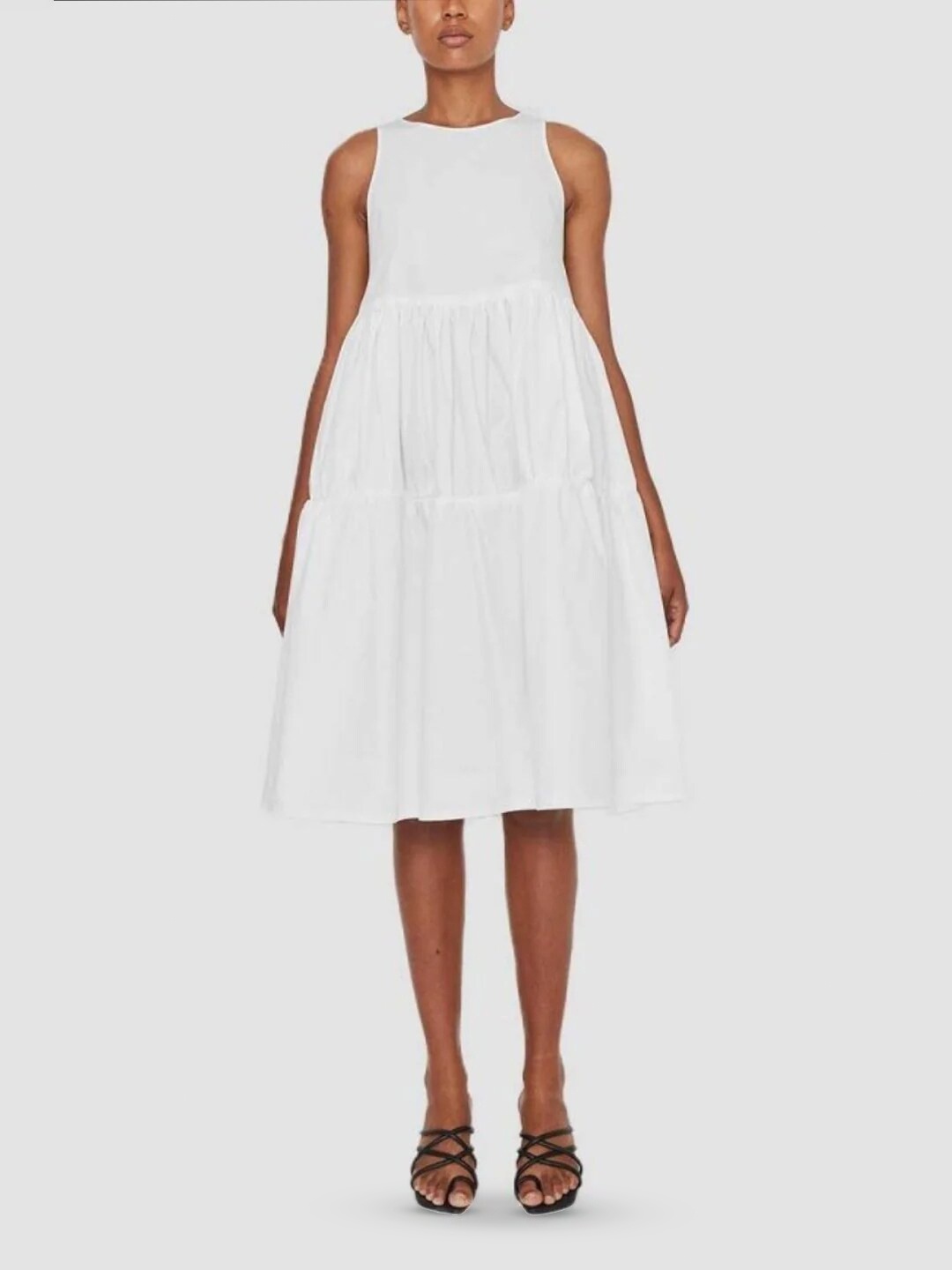 

Styched Sleeveless Tiered Detail Cotton A-Line Dress, White
