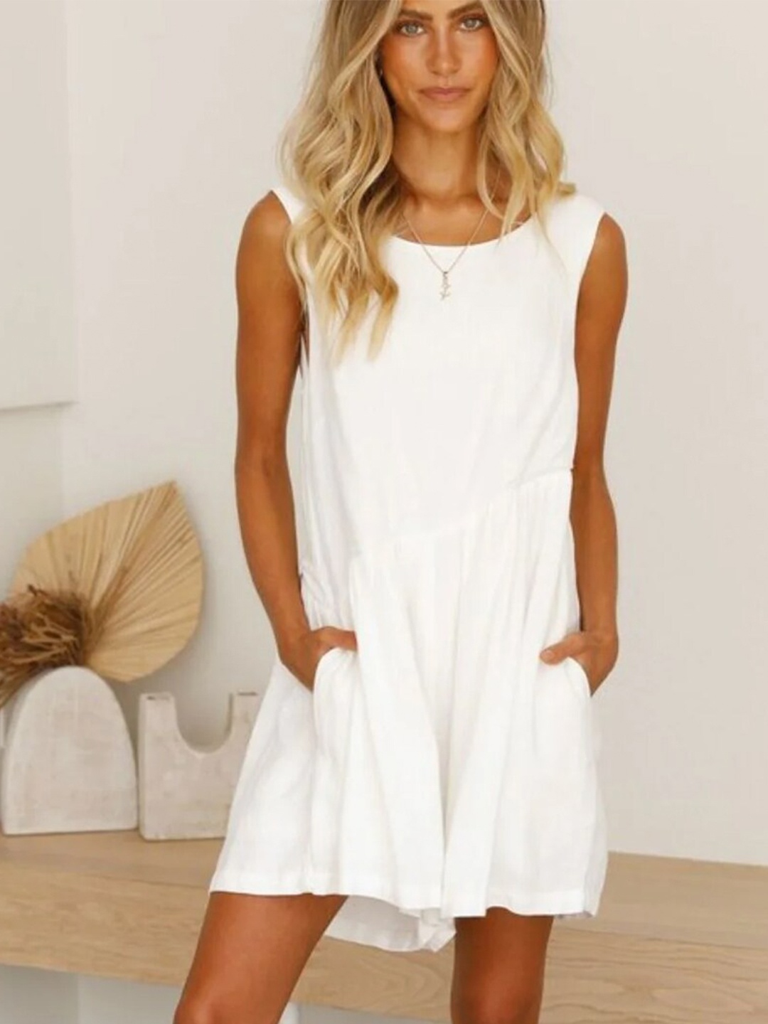 

Styched Sleeveless A-Line Dress, White