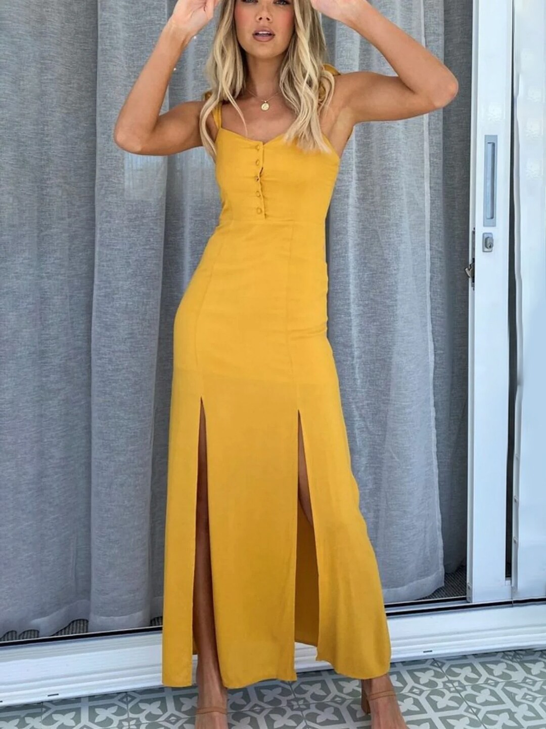 

Styched Shoulder Straps Sit Detail Maxi Dress, Mustard