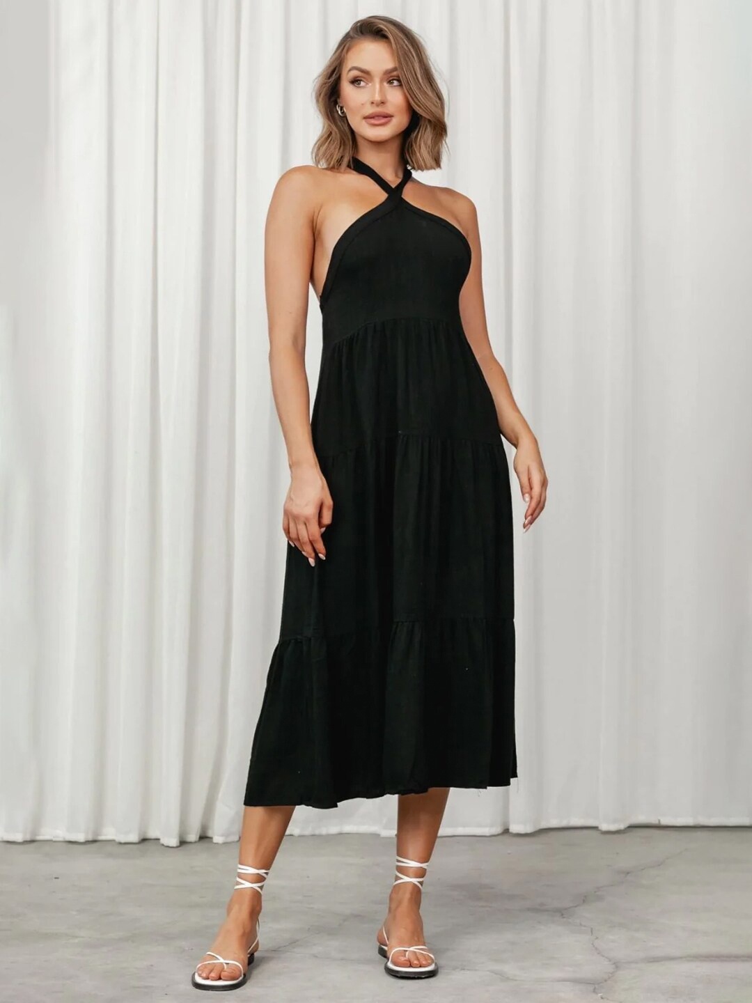 

Styched Halter Neck Fit & Flare Midi Dress, Black