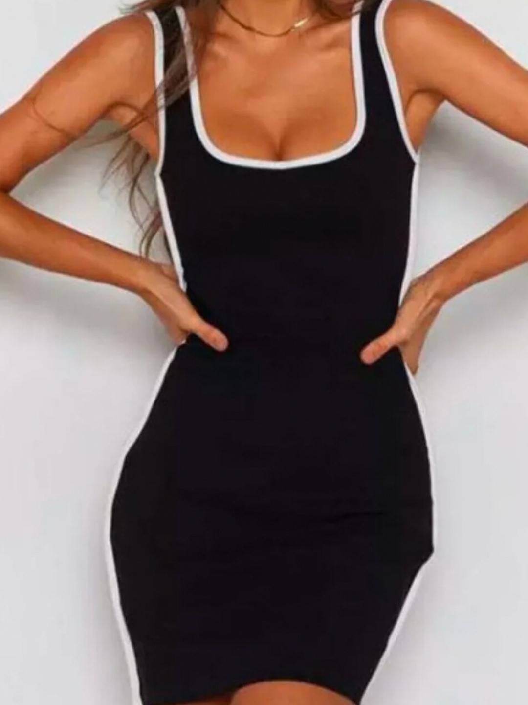 

Styched Square Neck Sleeveless Cotton Bodycon Dress, Black
