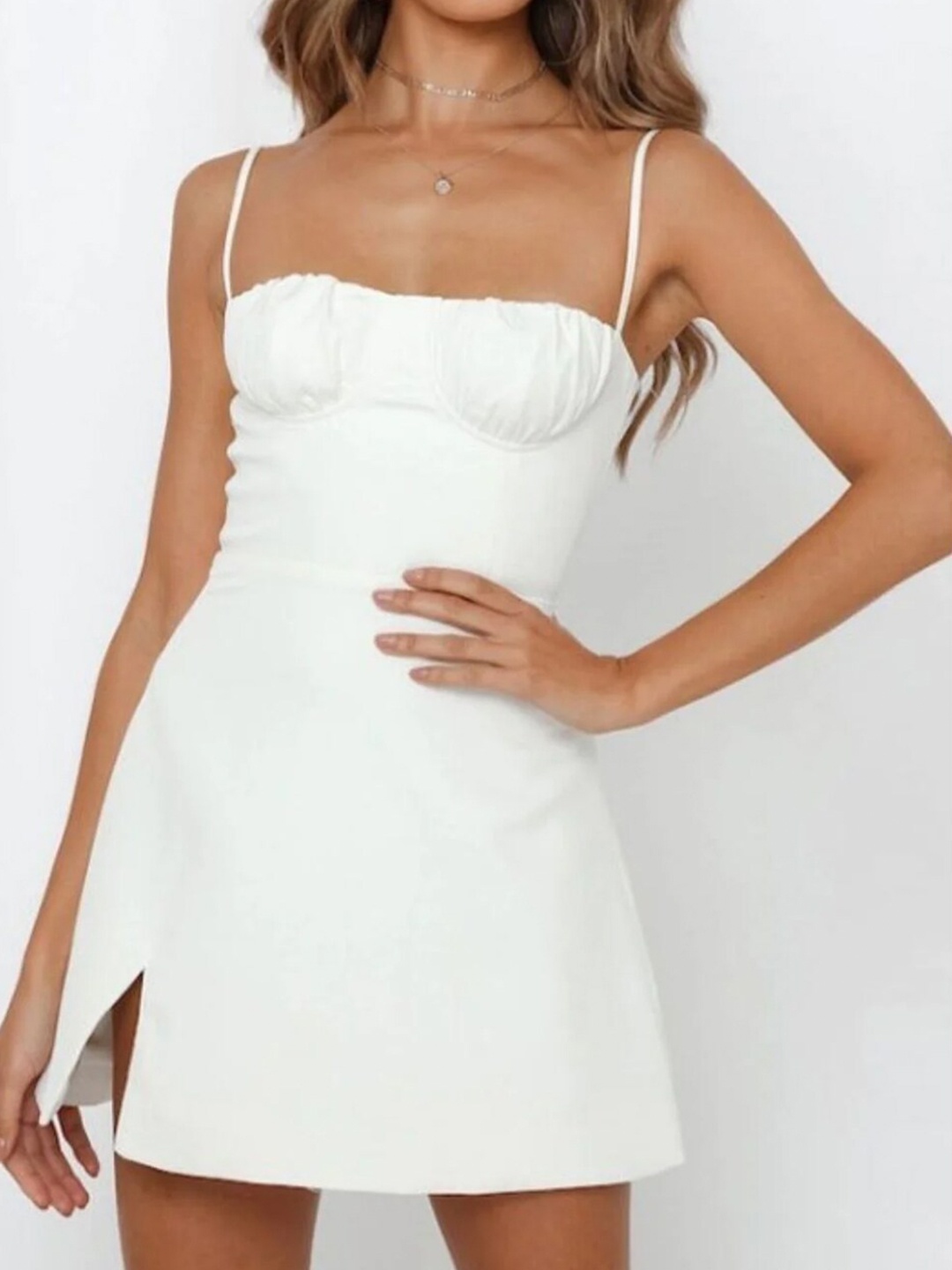 

Styched Square Neck Spaghetti Strappy Mini Dress, White