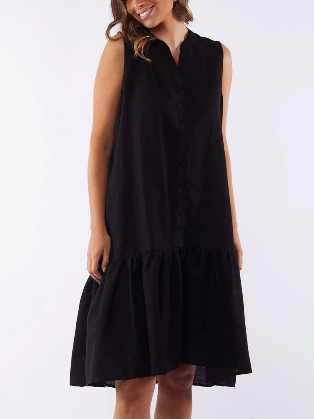 

Styched Sleeveless Mandarin Collar Cotton Drop-Waist Dress, Black
